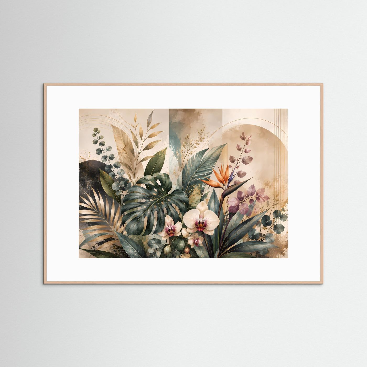 Poster im Querformat mit tropischen Blättern, Blumen und Beeren in brauner Einfassung