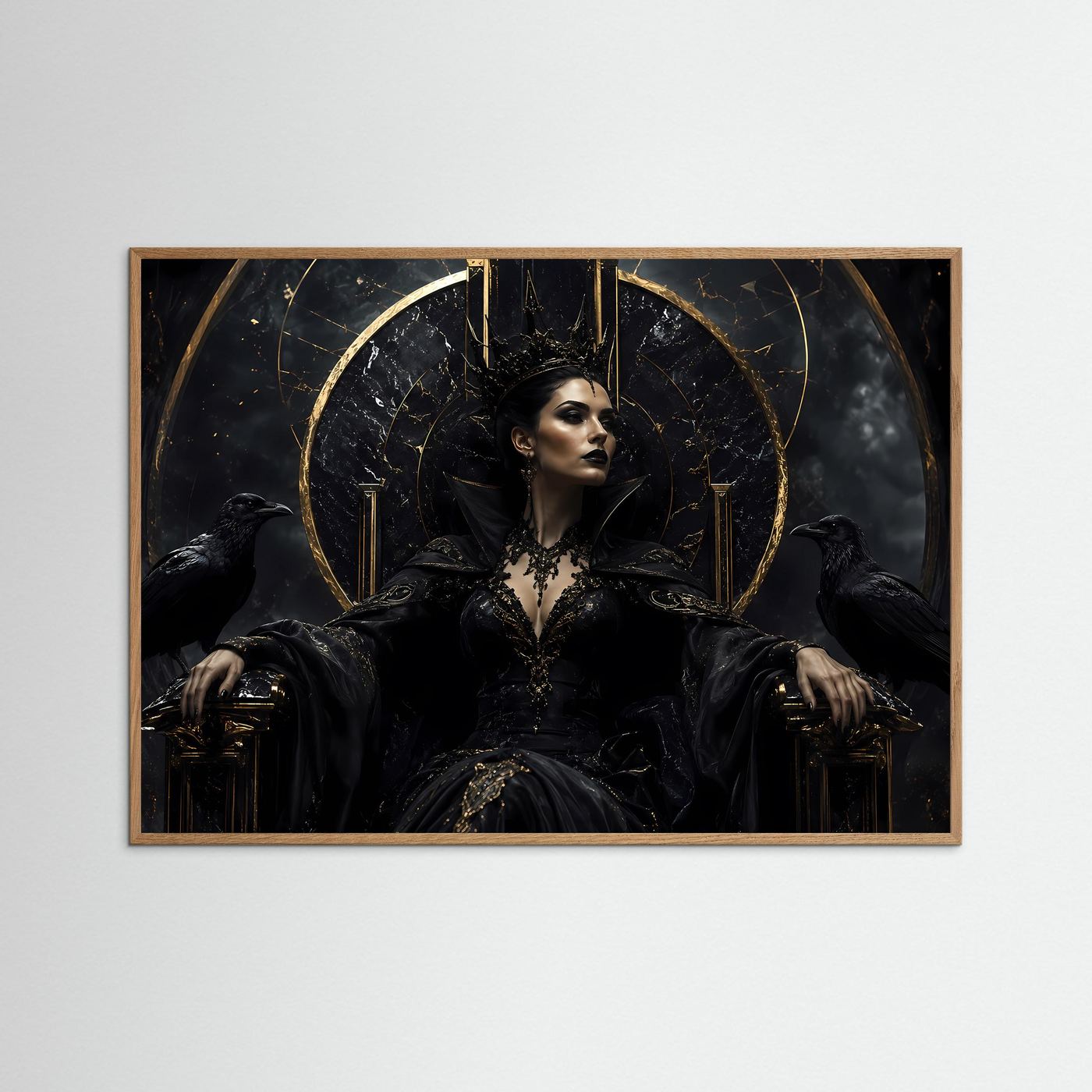 Dunkle Königin auf Marmorthron – Gothic Fantasy Motiv mit Krone & Raben