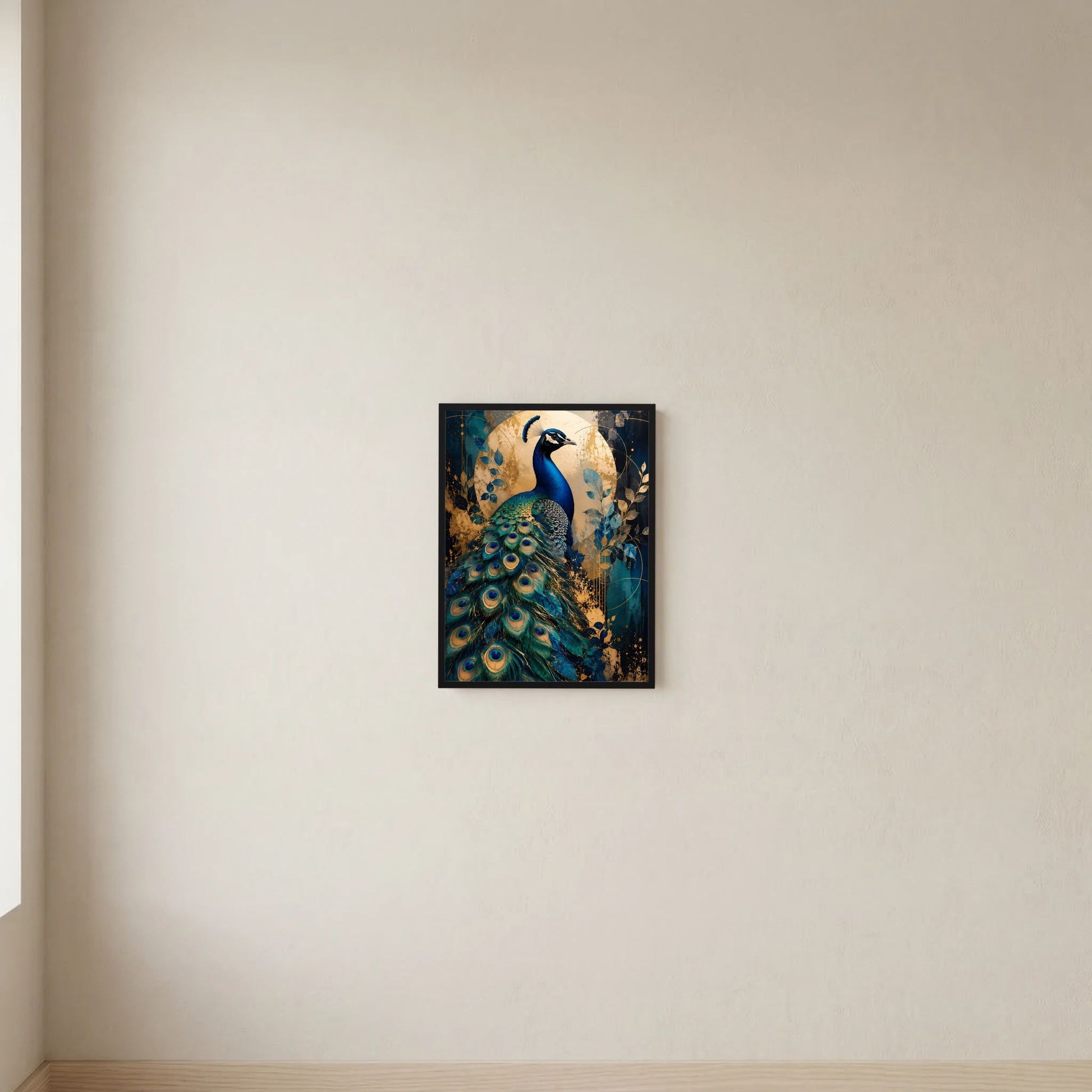 Pfau-Poster in Blau und Gold mit schwarzer Umrandung