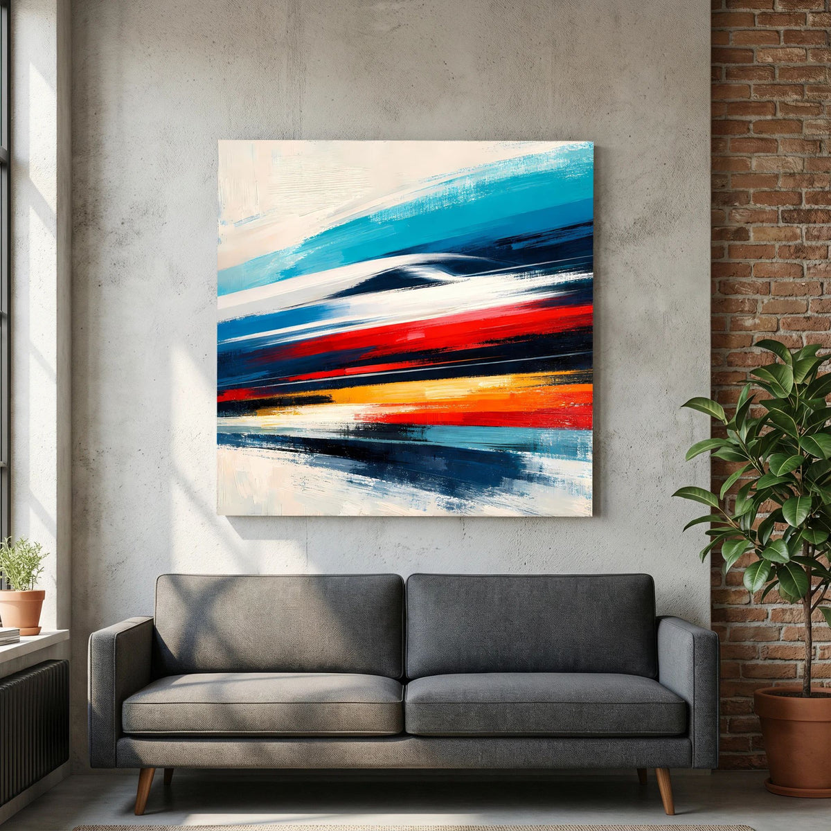 Abstraktes Leinwandbild mit blauen, roten und dunklen Pinselstrichen auf echter Leinwand