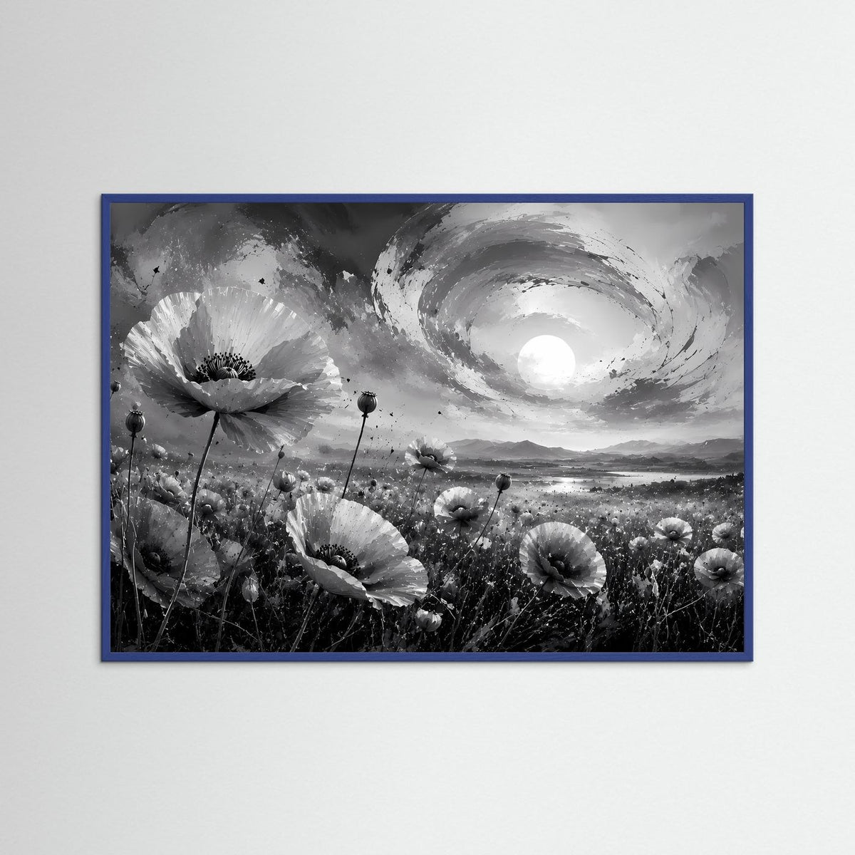 Schwarzweiß-Poster mit Mohnblumen und Vollmond im Wirbelwolkenhimmel, blauer Rahmen