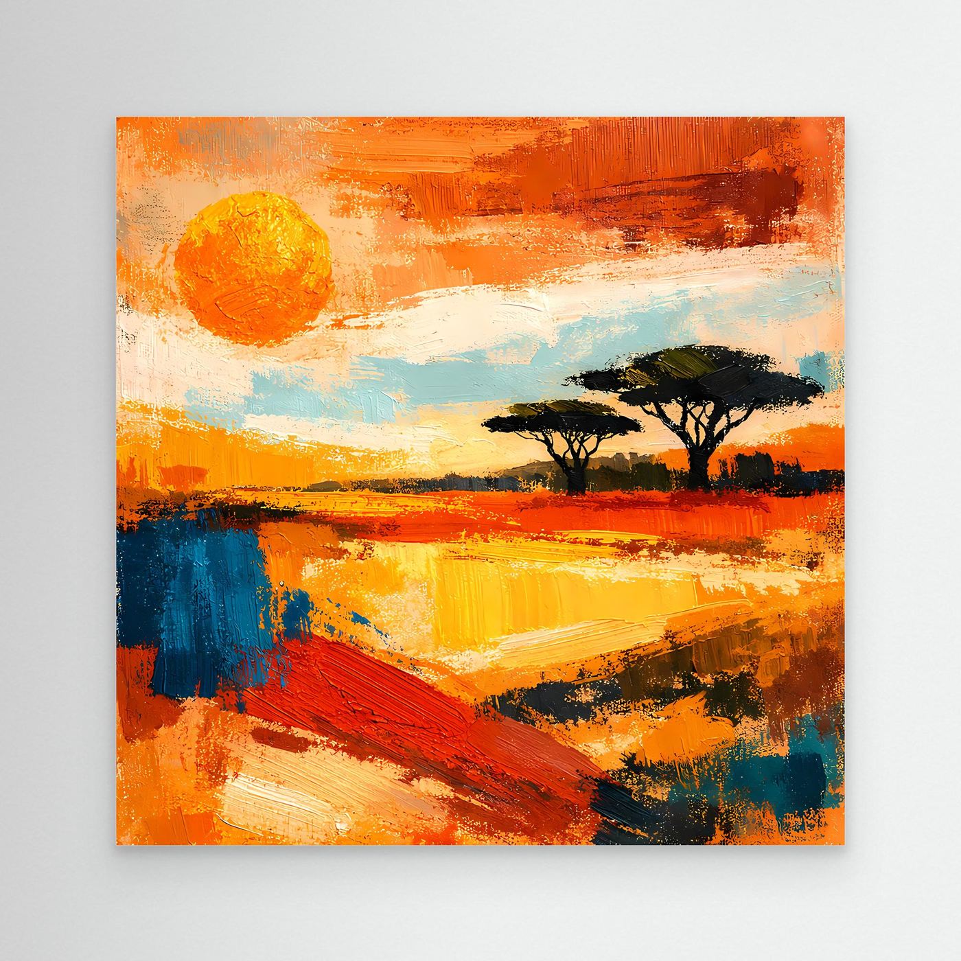 Abstract landscape canvas with orange sunset sky, sun disc, and dark acacia tree silhouettes.