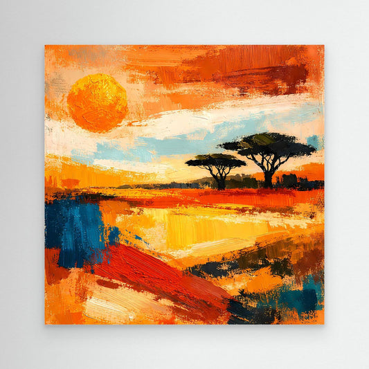 Abstract landscape canvas with orange sunset sky, sun disc, and dark acacia tree silhouettes.