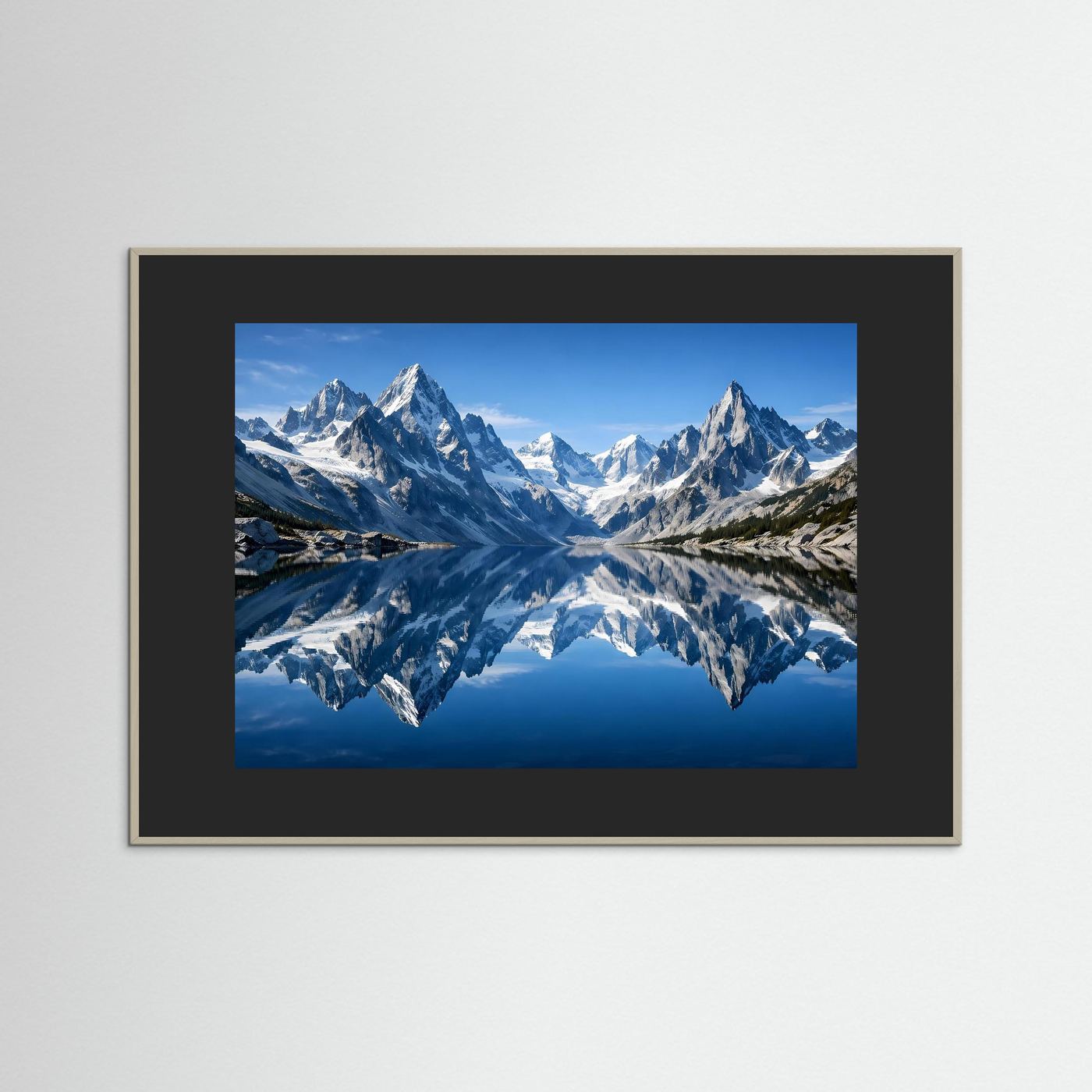 Wandbild mit Alpenlandschaft und spiegelndem See, schwarzer Rahmen