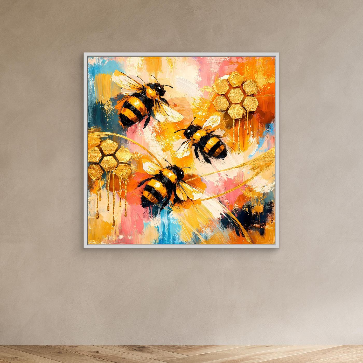 Quadratisches Leinwandbild mit Bienen und goldenen Waben, weißer Rahmen