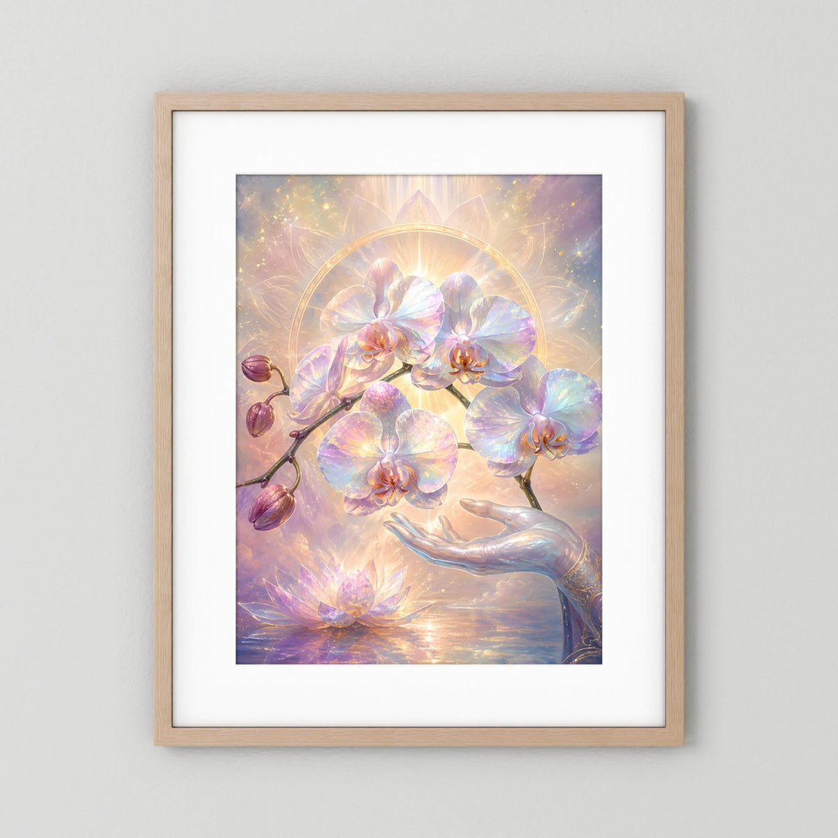 Hochformatiges Kunstposter mit Orchideen- und Lotusmotiv, Perlmutt-Pastell, hellbrauner Holzrahmen