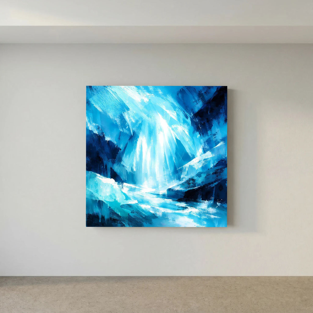 Blaues abstraktes Leinwand-Wandbild mit Eiswasserfall-Licht und dynamischen Pinselstrichen