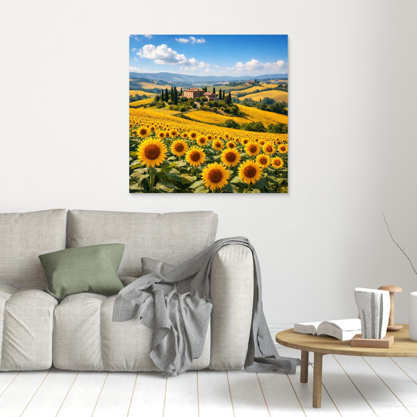 Leinwandbild mit Sonnenblumenfeld und toskanischer Hügellandschaft, ohne Rahmen (klein)