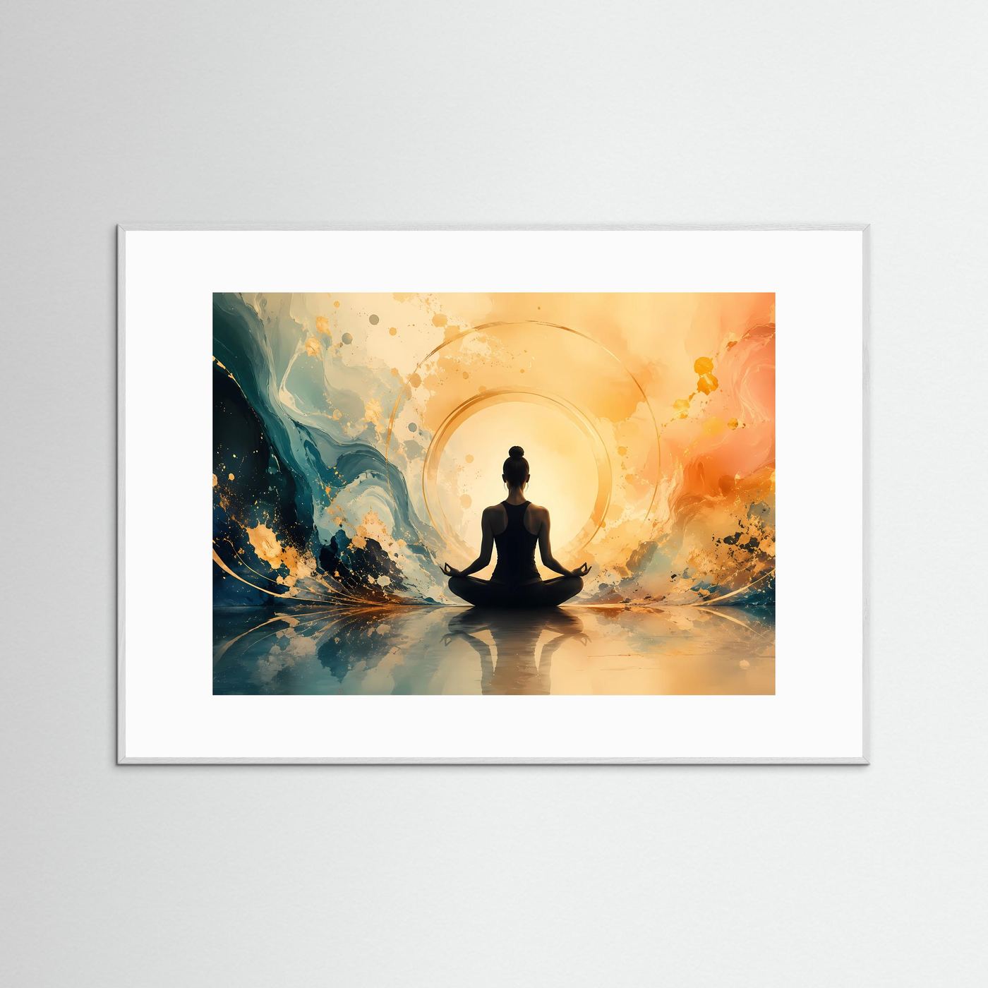 Innere Ruhe und Balance: Meditierende Figur im Lichtkreis | Modernes Yoga-Poster Querformat