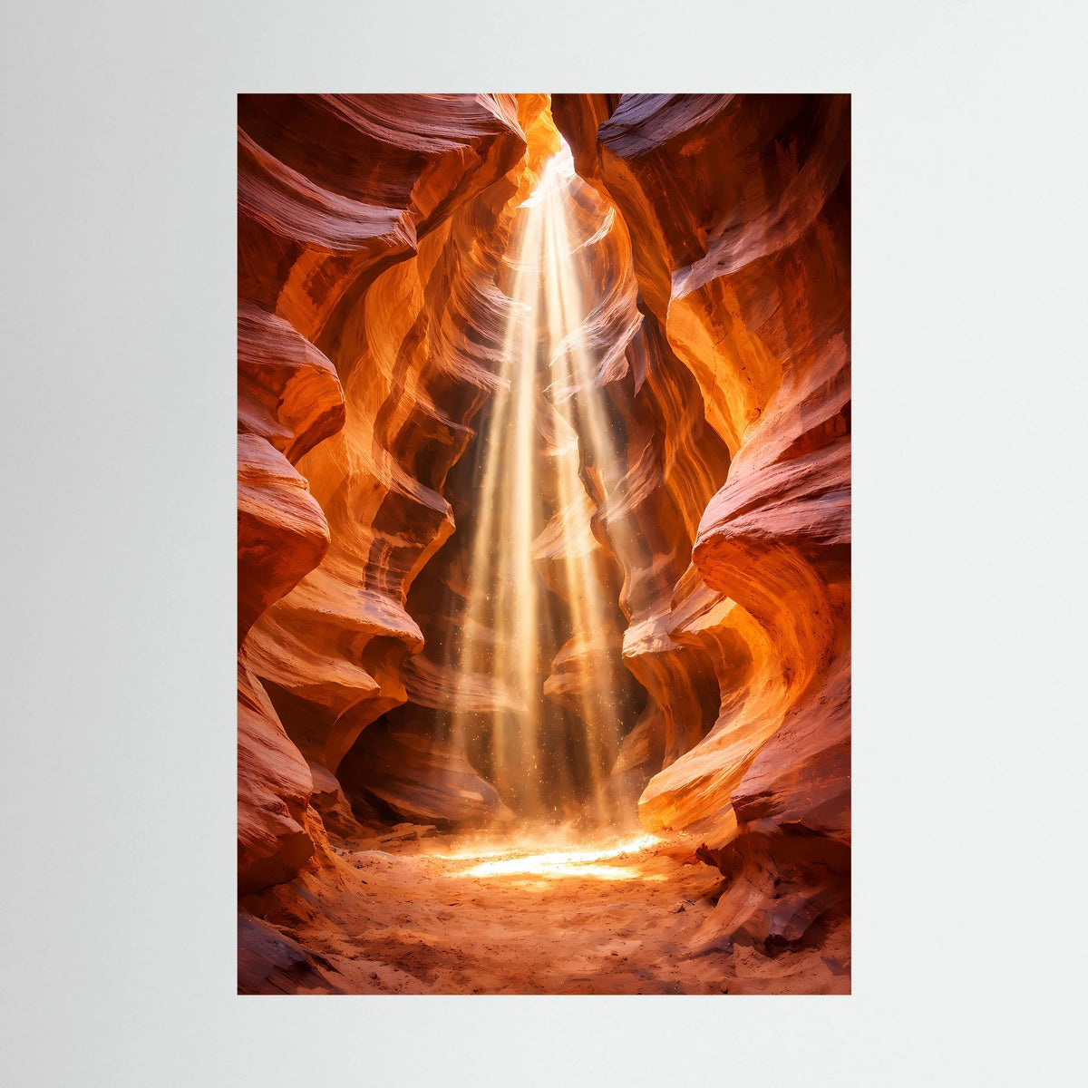 Posterdruck der Schlucht mit orange-goldenen Felswänden und hellem Lichtstrahl