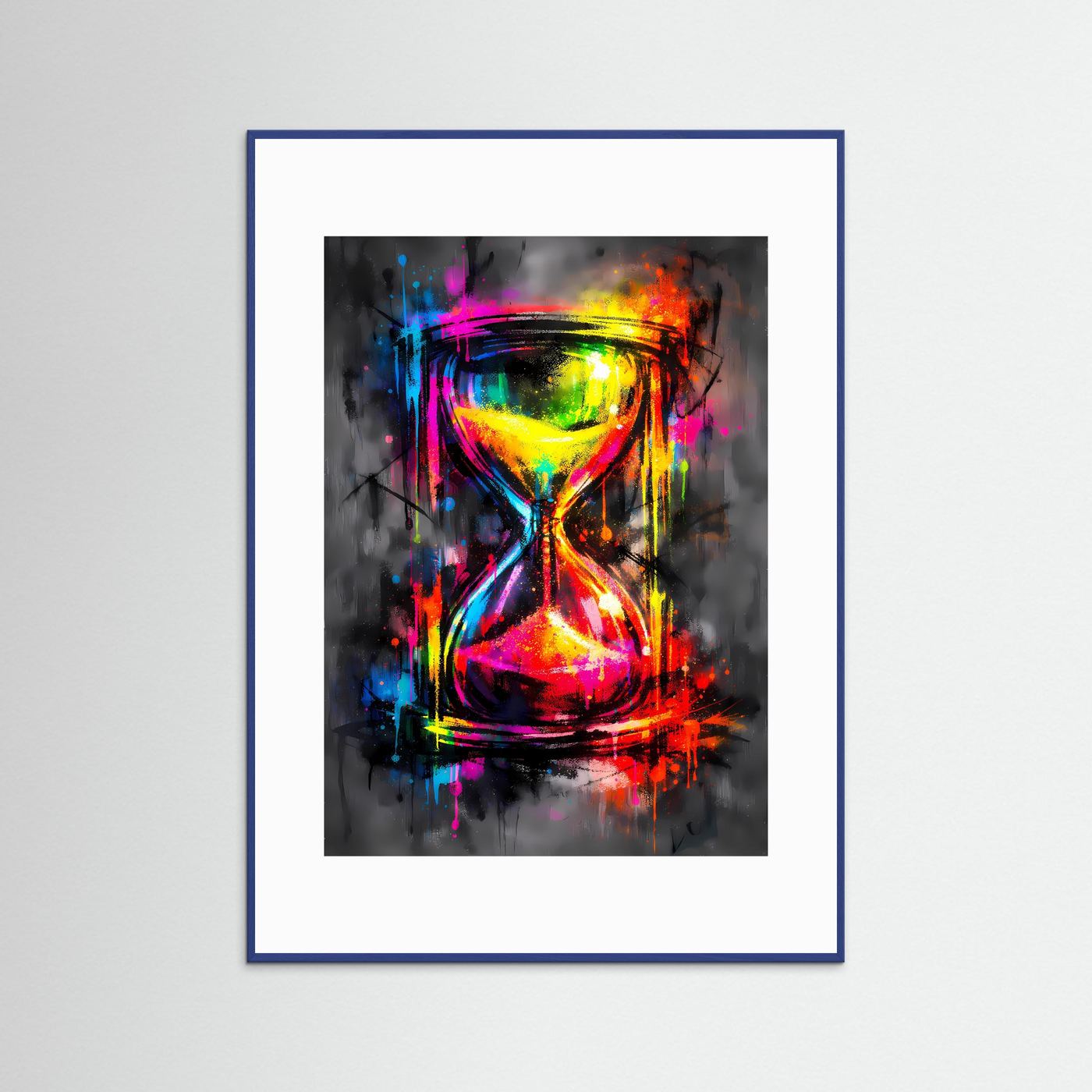 Die Farbe der Zeit | Neon-Sanduhr Poster in bunten Farben & Graffiti-Optik | Abstraktes Kunstposter Hochformat