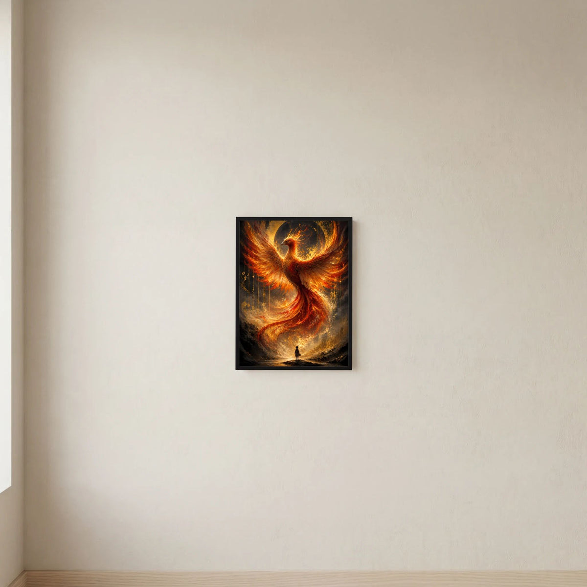 Hochformat-Poster mit Phönix aus Feuer, Gold-Orange Flammen, schwarzer Rahmen