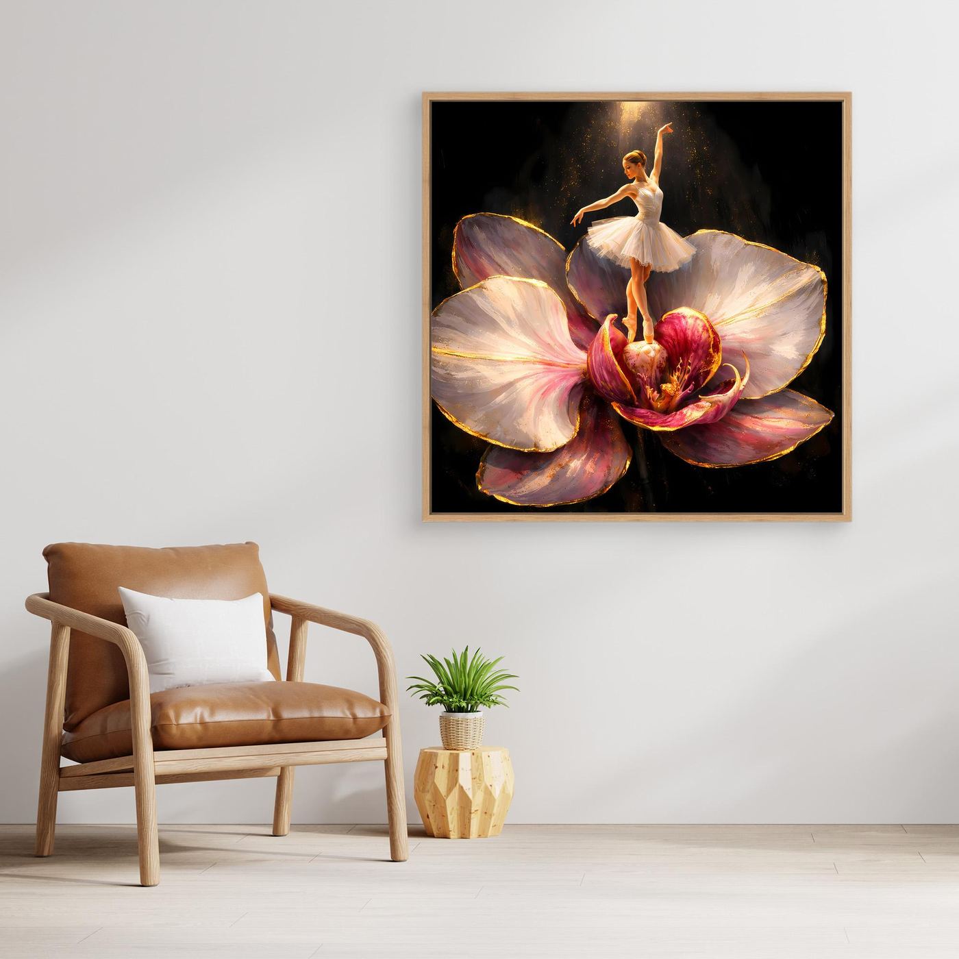 Premium Leinwand Elegante Ballerina auf Orchidee | Abstraktes Ballett Wandbild mit Goldakzenten