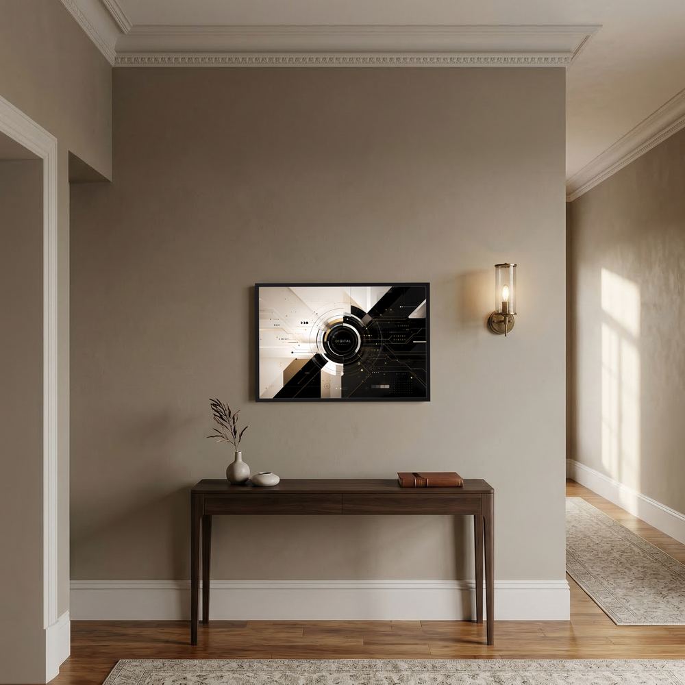 Abstraktes Tech-Poster im Querformat mit schwarzem Rahmen, schwarz-goldenem Kreisdesign.