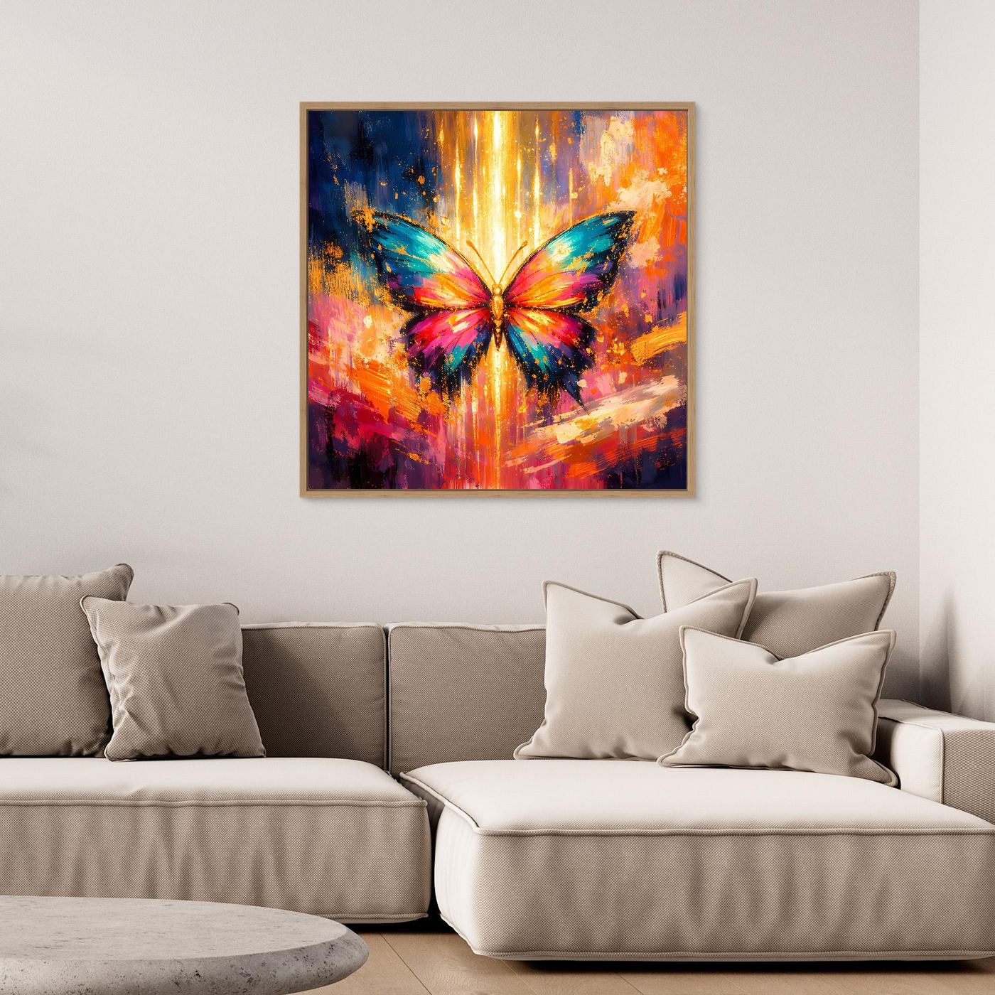 Gerahmtes Leinwandbild (schwarzer Rahmen) mit leuchtendem Schmetterling im Lichtstrahl, farbig
