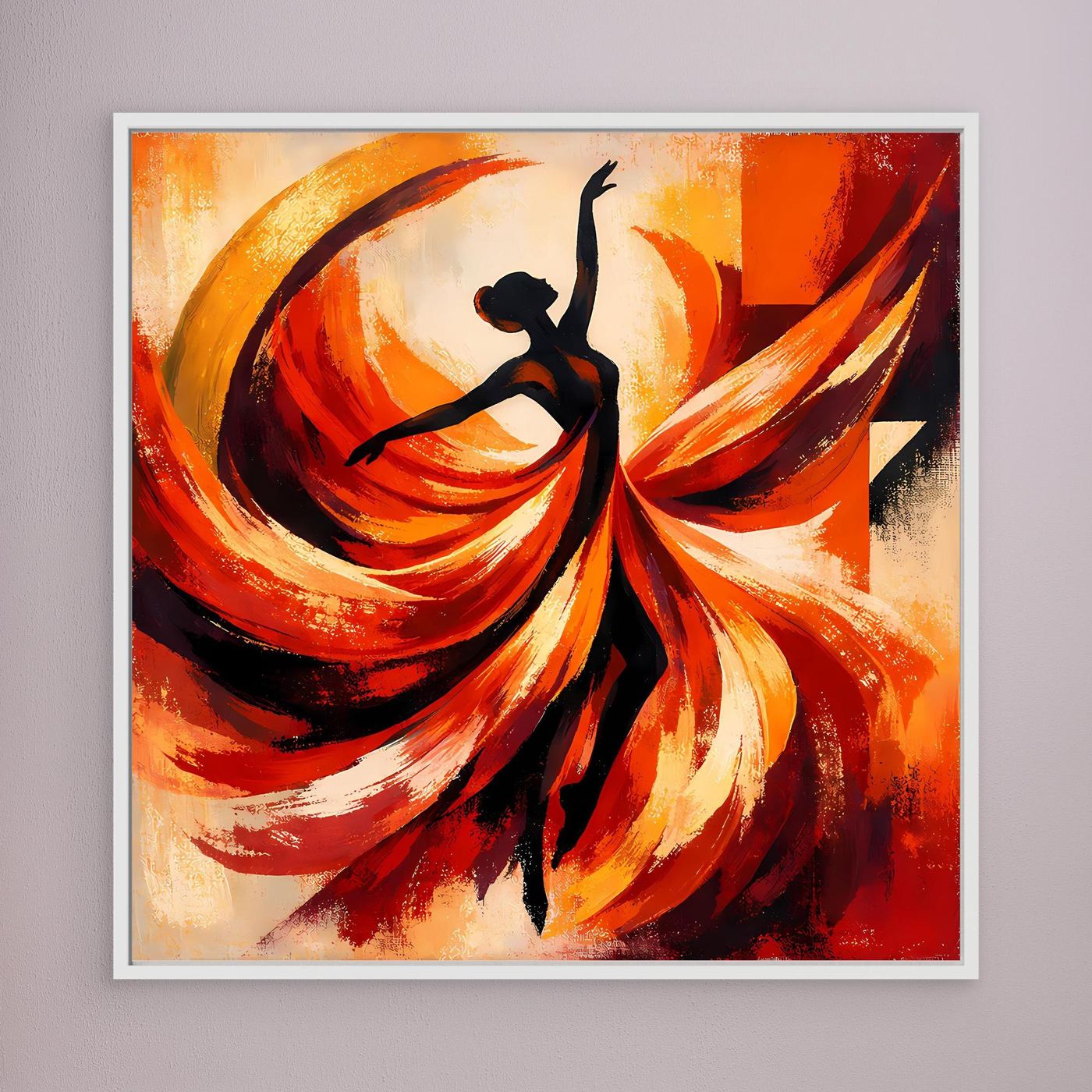 Leinwandbild mit weißem Rahmen: abstrakte Ballerina in warmen Rot- und Orangetönen.