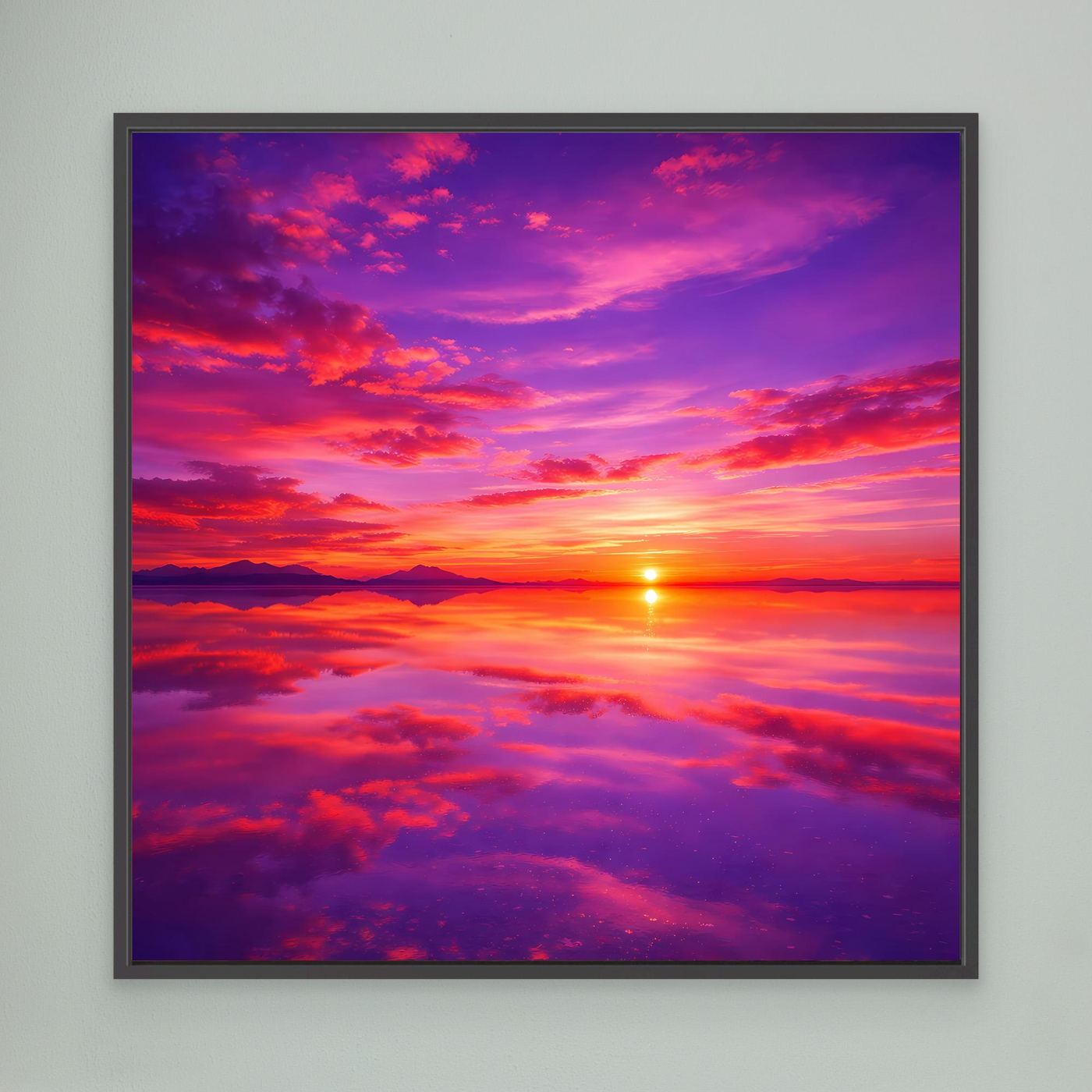 Leinwandbild Sonnenuntergang in Rosa und Violett, Sonne über dem Horizont, Wolken, schwarz gerahmt
