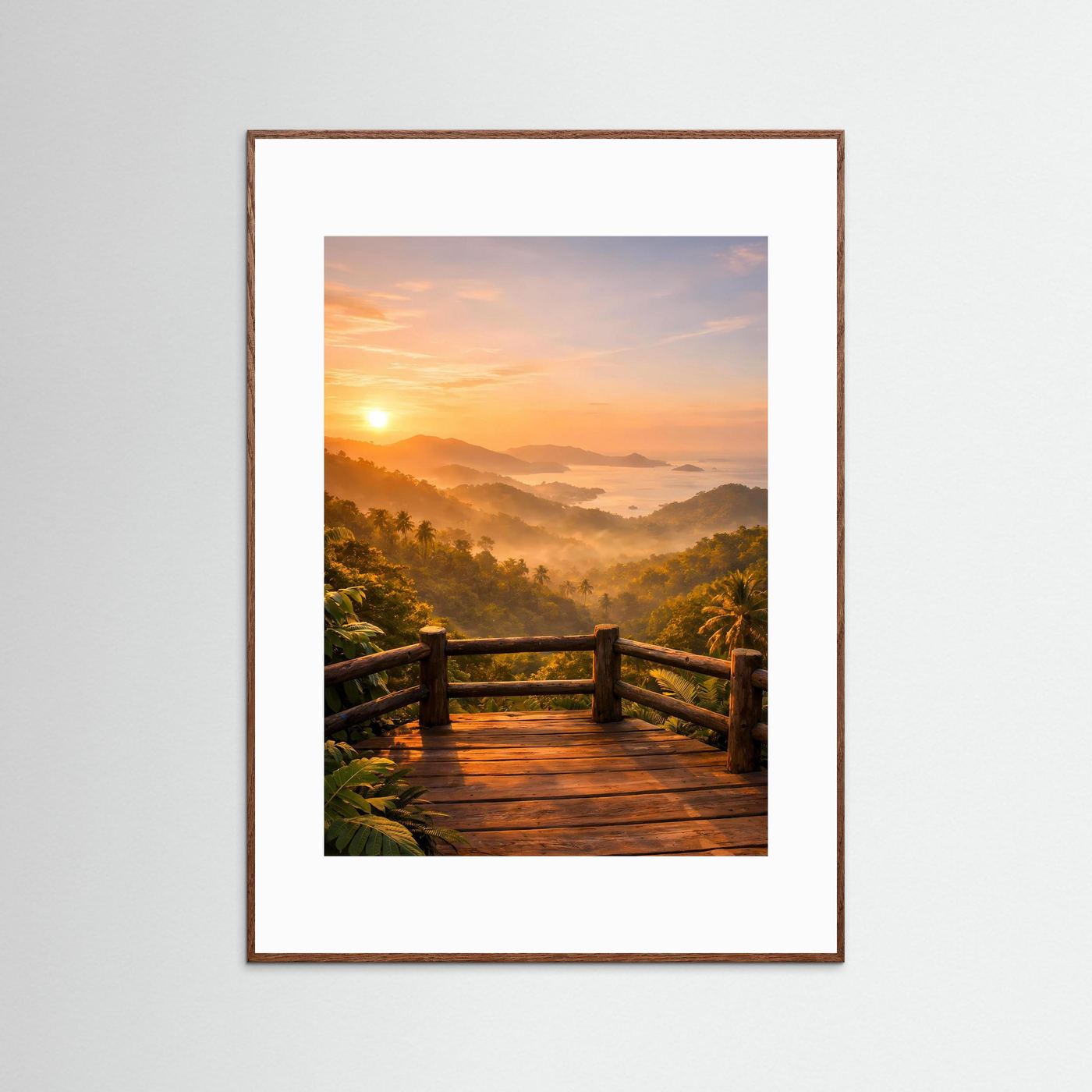 Vertikales Dschungel-Poster mit Aussichtsplattform und Sonnenuntergang, brauner Holzrahmen