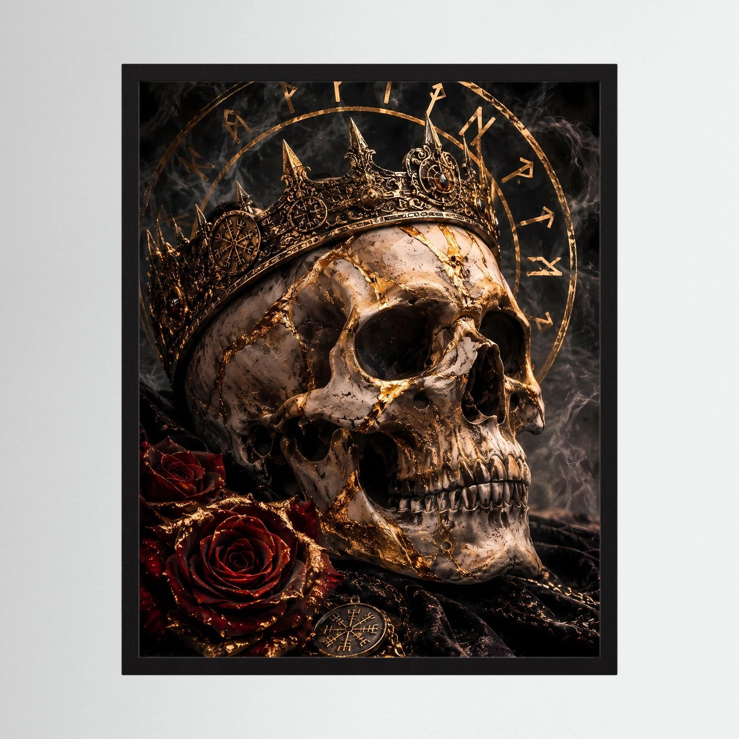 Gerahmtes Poster: Schädel mit Krone, goldener Runenkreis, rote Rosen, schwarz-gold