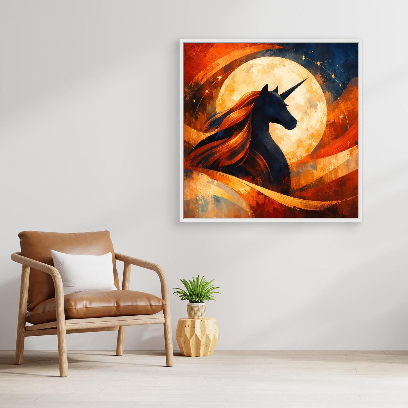 Leinwandbild mit schwarzem Einhorn und Vollmond, warme Orange-Blau-Töne, hellbrauner Rahmen