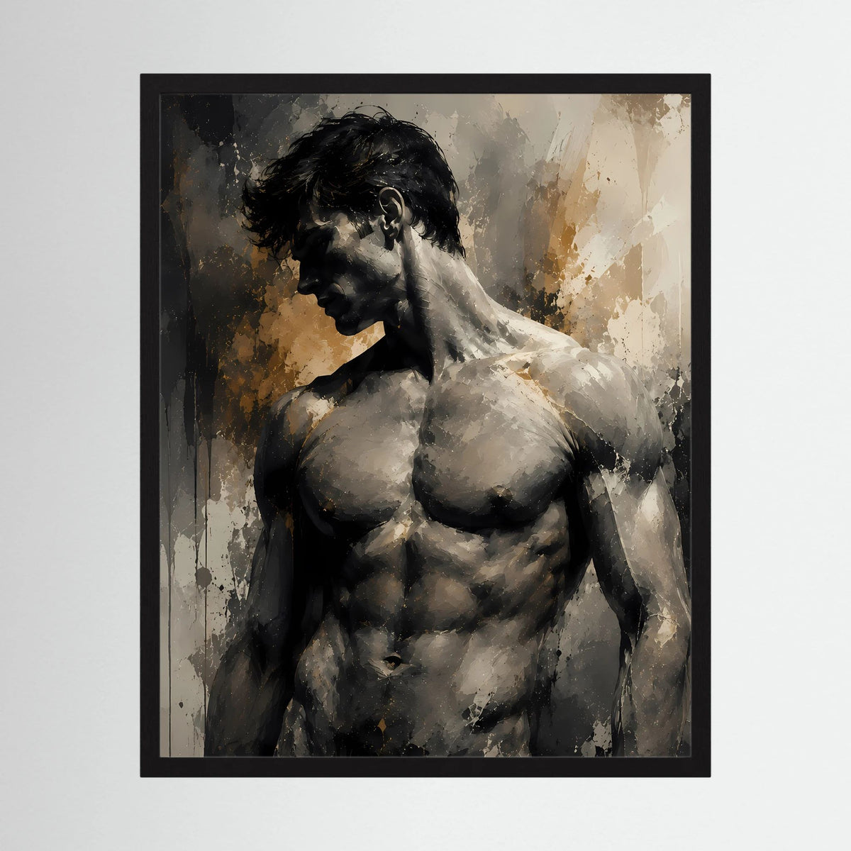 Schwarz gerahmtes Kunstposter mit abstrakter Aktfigur eines Mannes, seitliche Pose