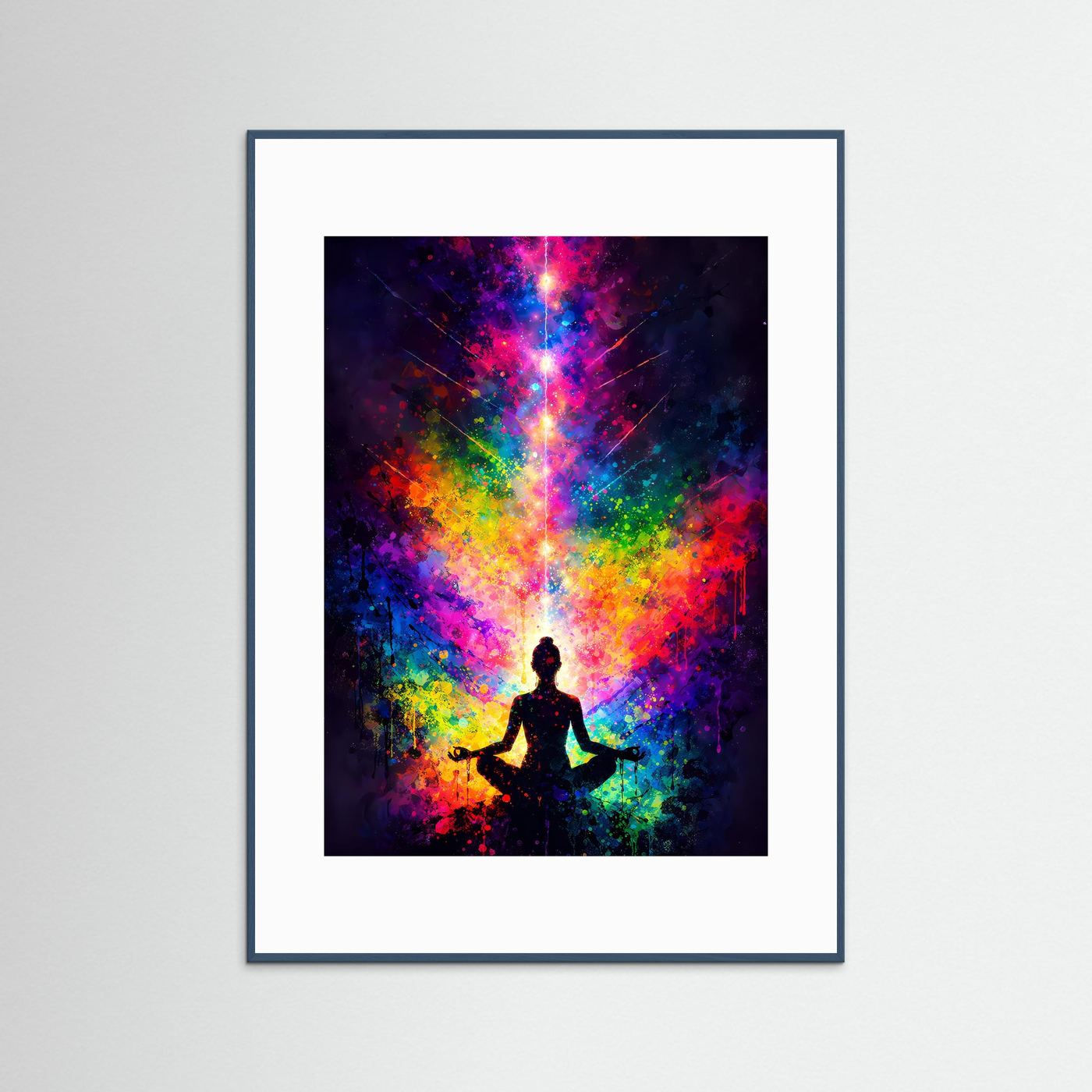 Wandbild mit Yoga-Silhouette im Farbspektrum, weißes Passepartout, hellblauer Rahmen
