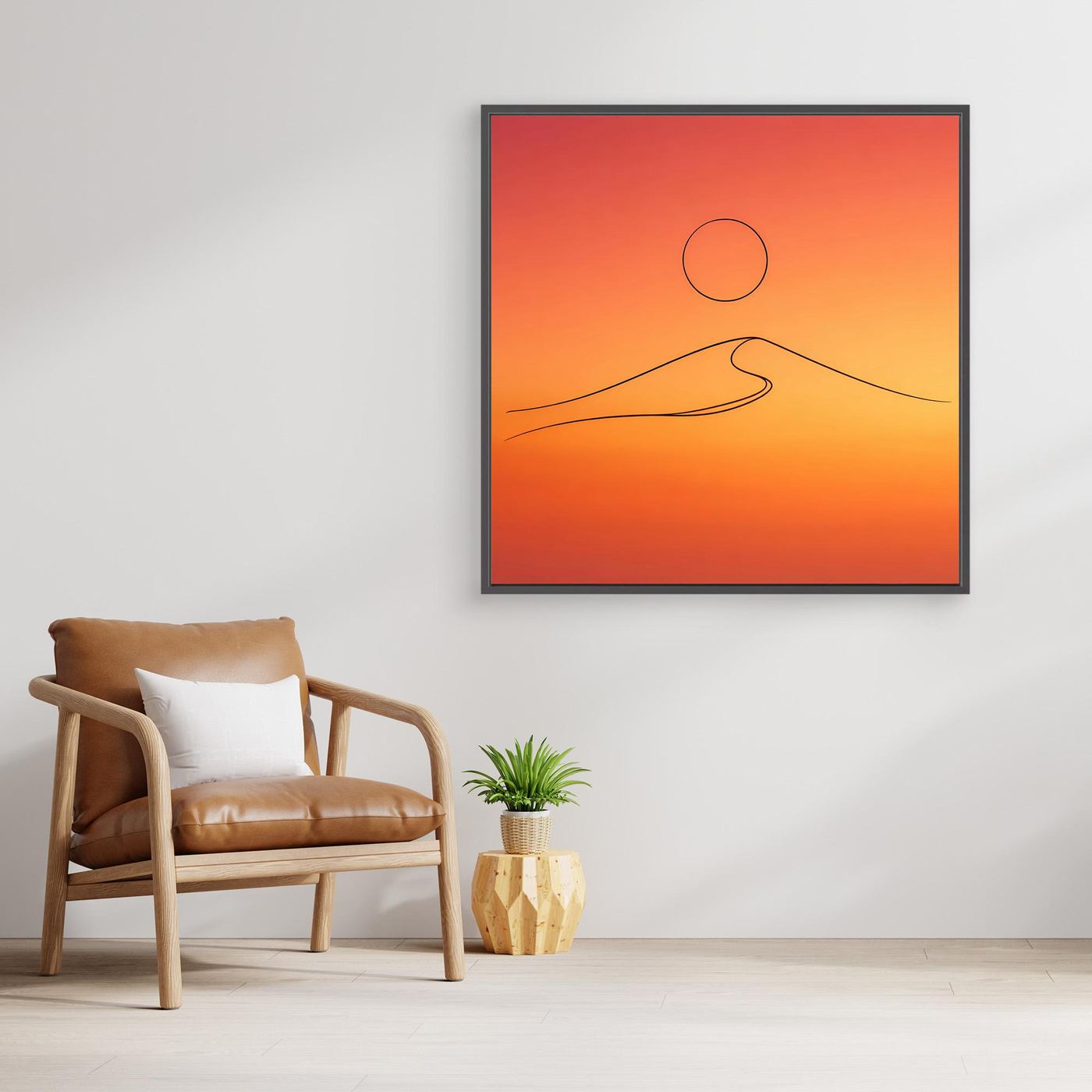 Leinwandbild mit minimalistischer Wüstendüne, Kreis und Linie im Orangeverlauf, schwarzer Rahmen