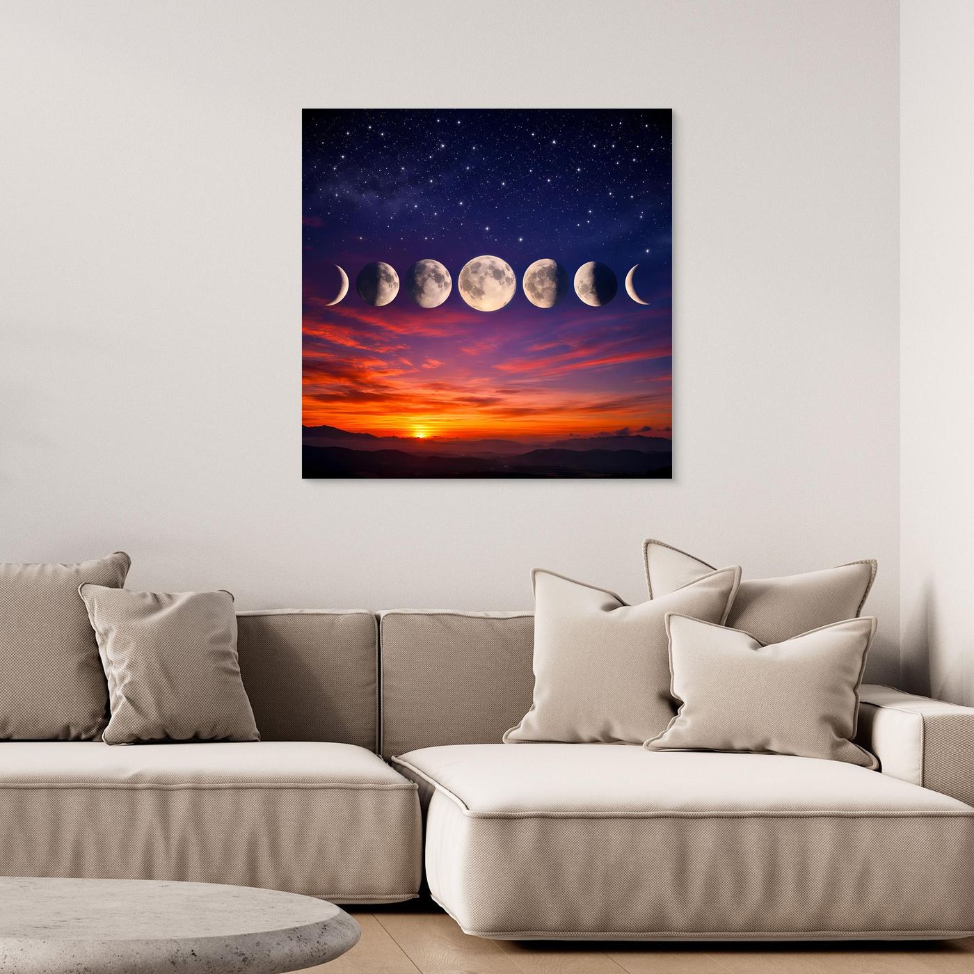 Leinwandbild mit Mondphasen, Sternenhimmel und Sonnenuntergang, schwarzer Rahmen