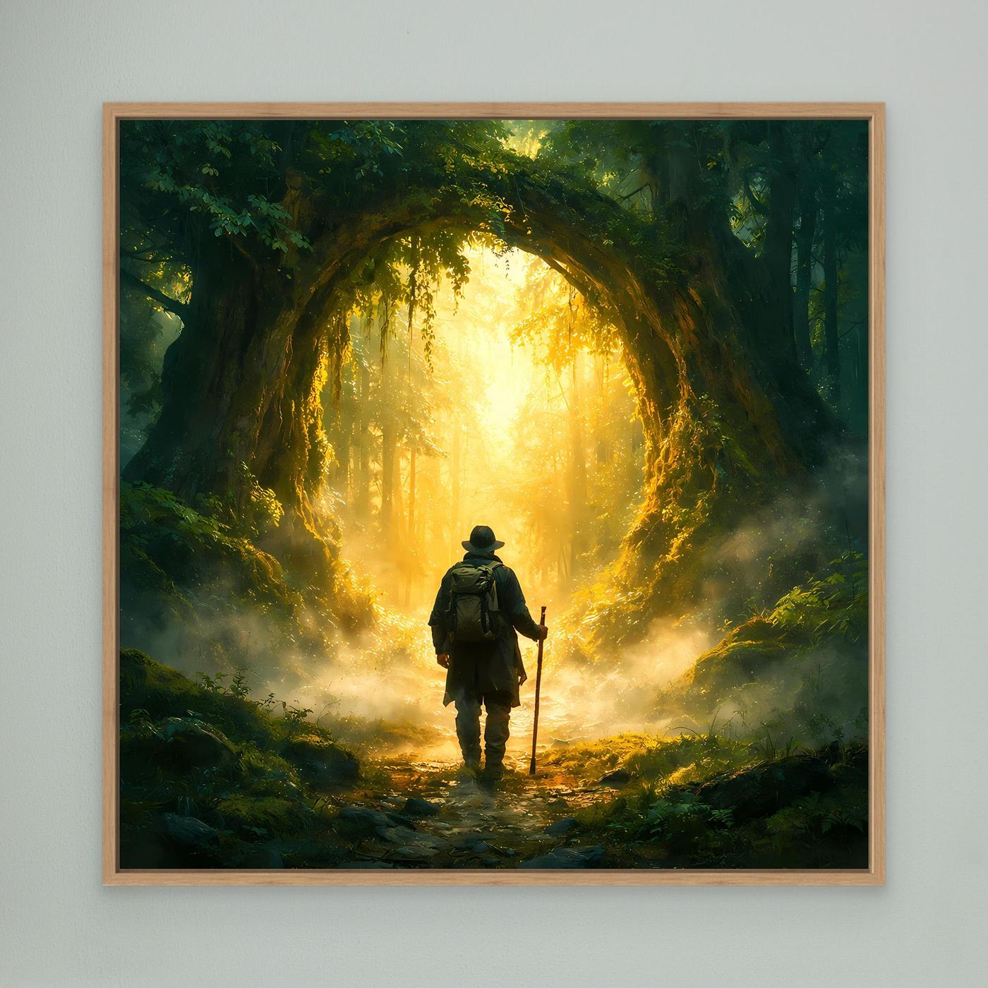 Leinwand Mystischer Wanderer am Waldportal | Abstraktes Natur Zauberwald Wandbild