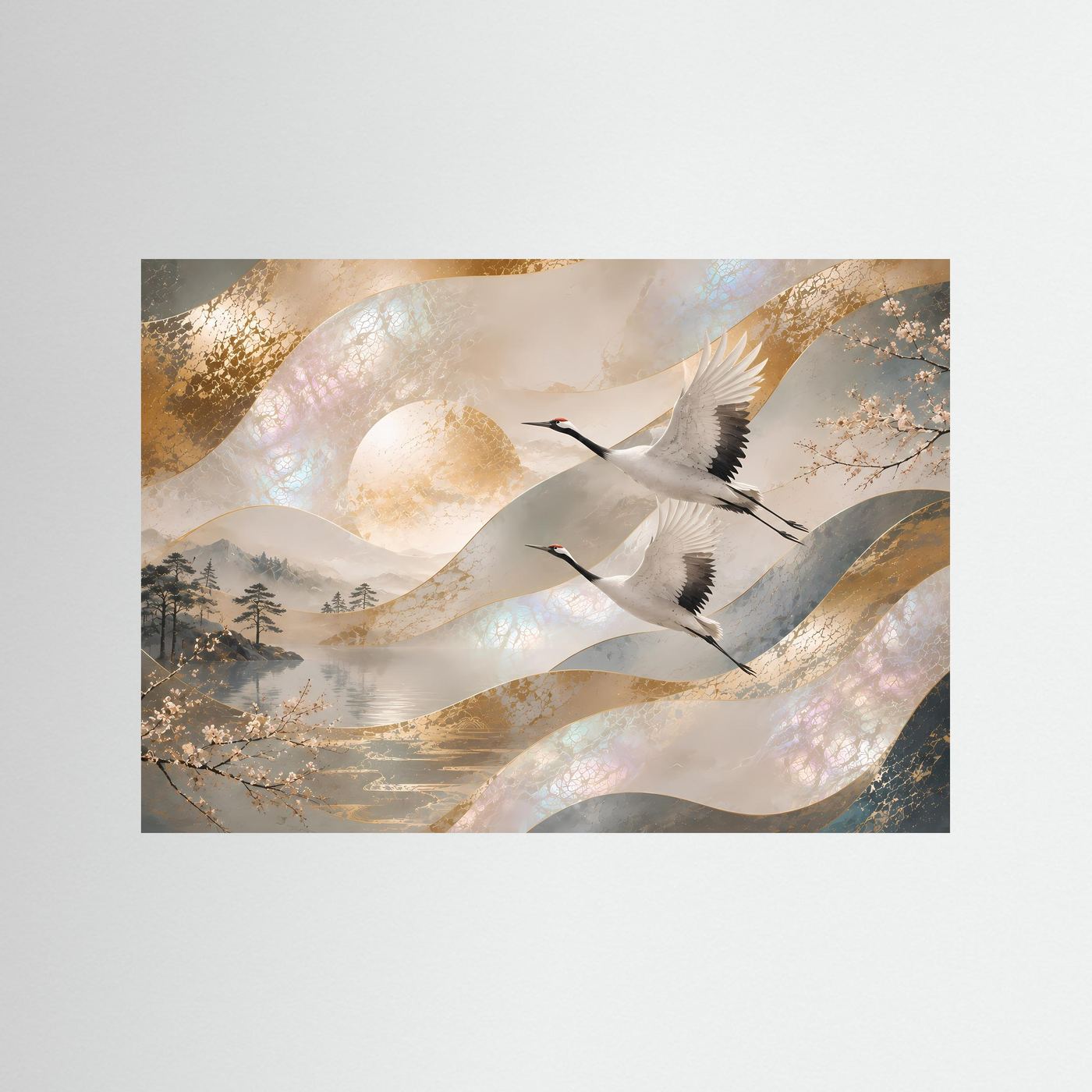 Japanische Kraniche im Flug | Elegante Perlmutt-Kunst in Gold & Creme