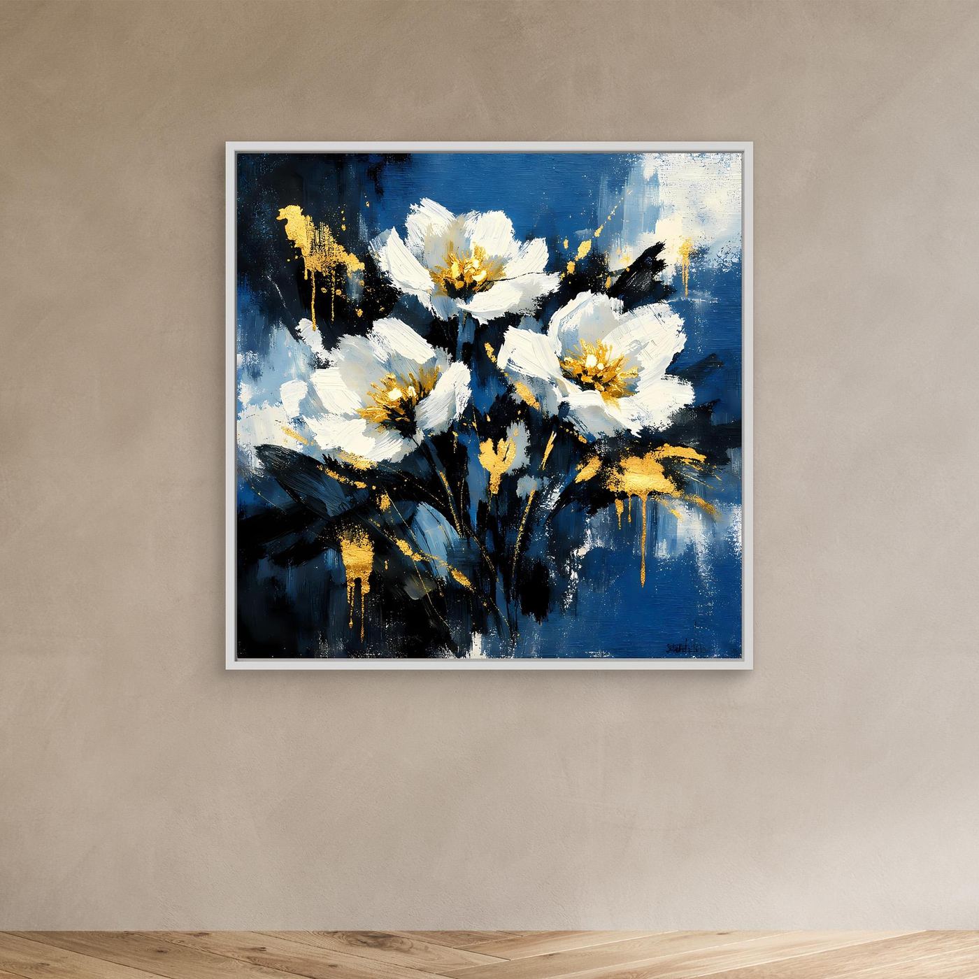 Blumen-Leinwand mit weißen Blüten und goldenen Akzenten auf blauem Hintergrund, weißer Rahmen
