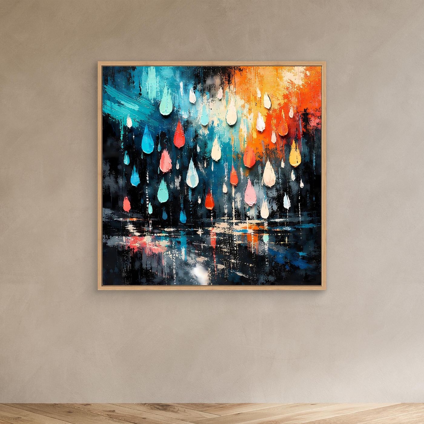 Abstraktes Wandbild mit Tropfen in Blau-, Orange- und Rosatönen; heller Rahmen.
