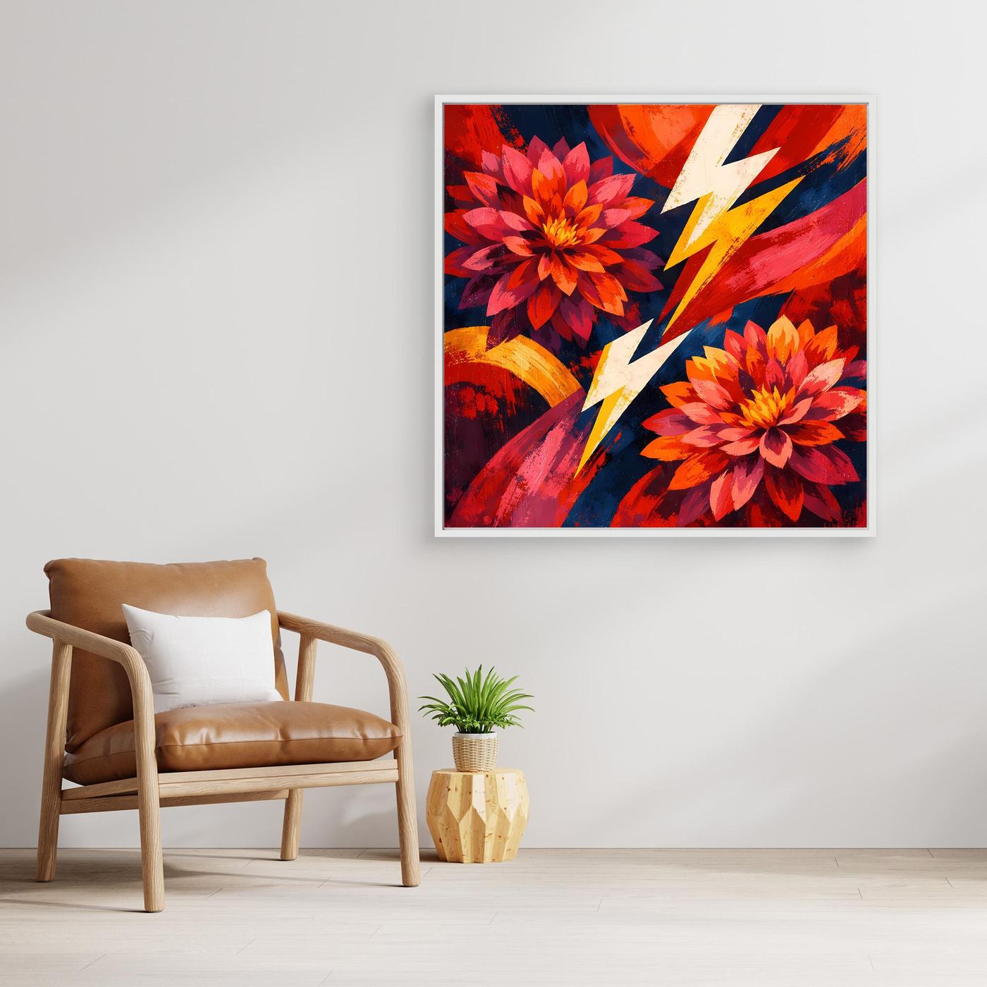 Abstraktes Blumen-Leinwandbild mit roten Blüten und gelb-orange Blitz in quadratischem Motiv
