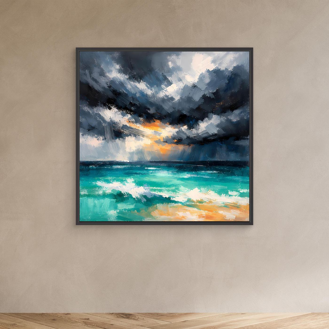 Leinwand Abstraktes Gewitter über dem Meer | Modernes Sturm Wandbild Türkis Orange