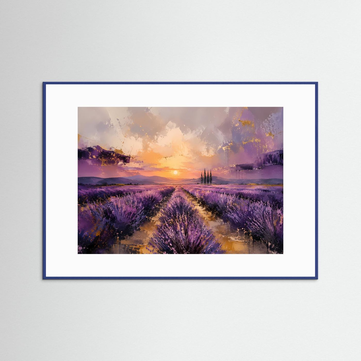 Provence im Abendlicht | Abstraktes Lavendelfeld & Sonnenuntergang Poster im Querformat