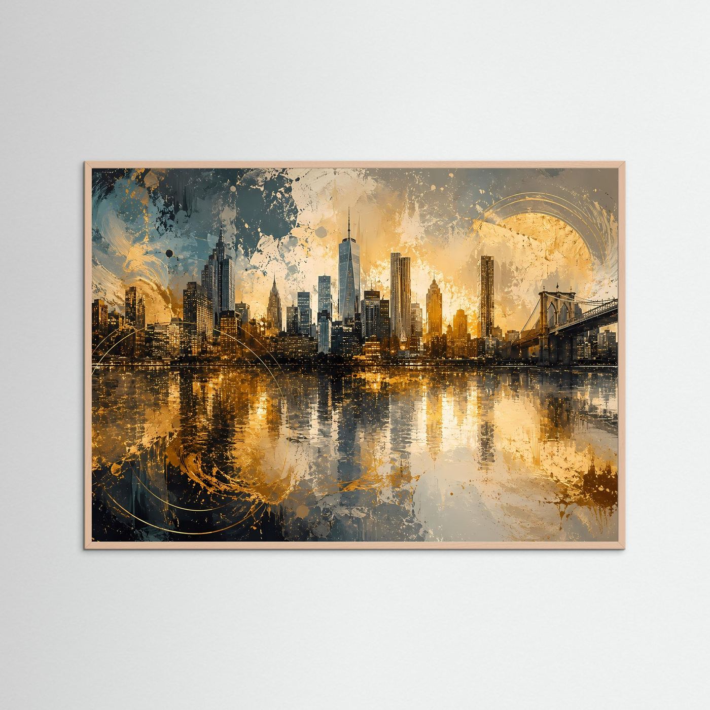 New York Skyline in Gold Poster | Abstrakte Manhattan Kunst mit Brooklyn Bridge Modernes Wandbild Querformat