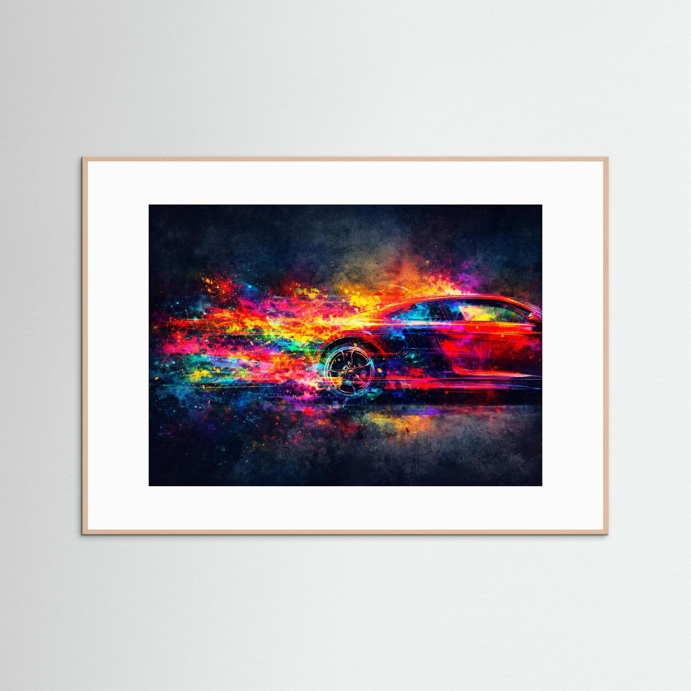 Dynamischer Sportwagen in Neon Farben | Abstrakte Auto Kunst & Bunt Wandbild Querformat