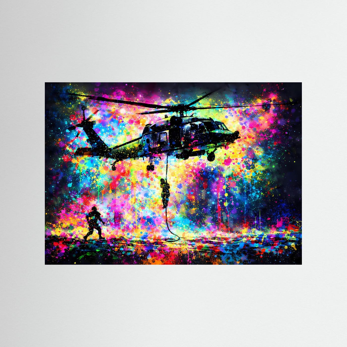 Action-Poster mit Helikopter im Pop-Art-Splash-Stil, querformatig, Rahmen nicht sichtbar.