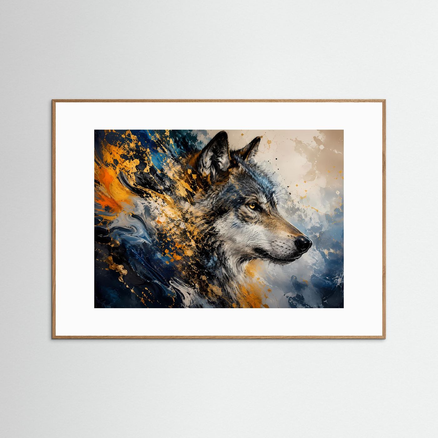 Majestätischer Wolf in Blau & Gold | Abstrakte Tierkunst & Natur Poster Querformat