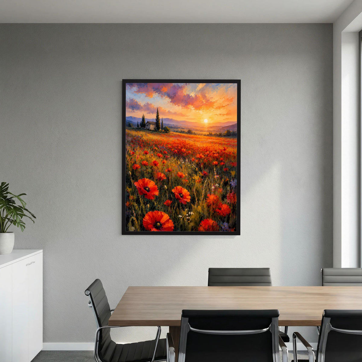 Wandposter mit Mohnblumenfeld und Sonnenuntergang, dunkle Umrandung und Kirche