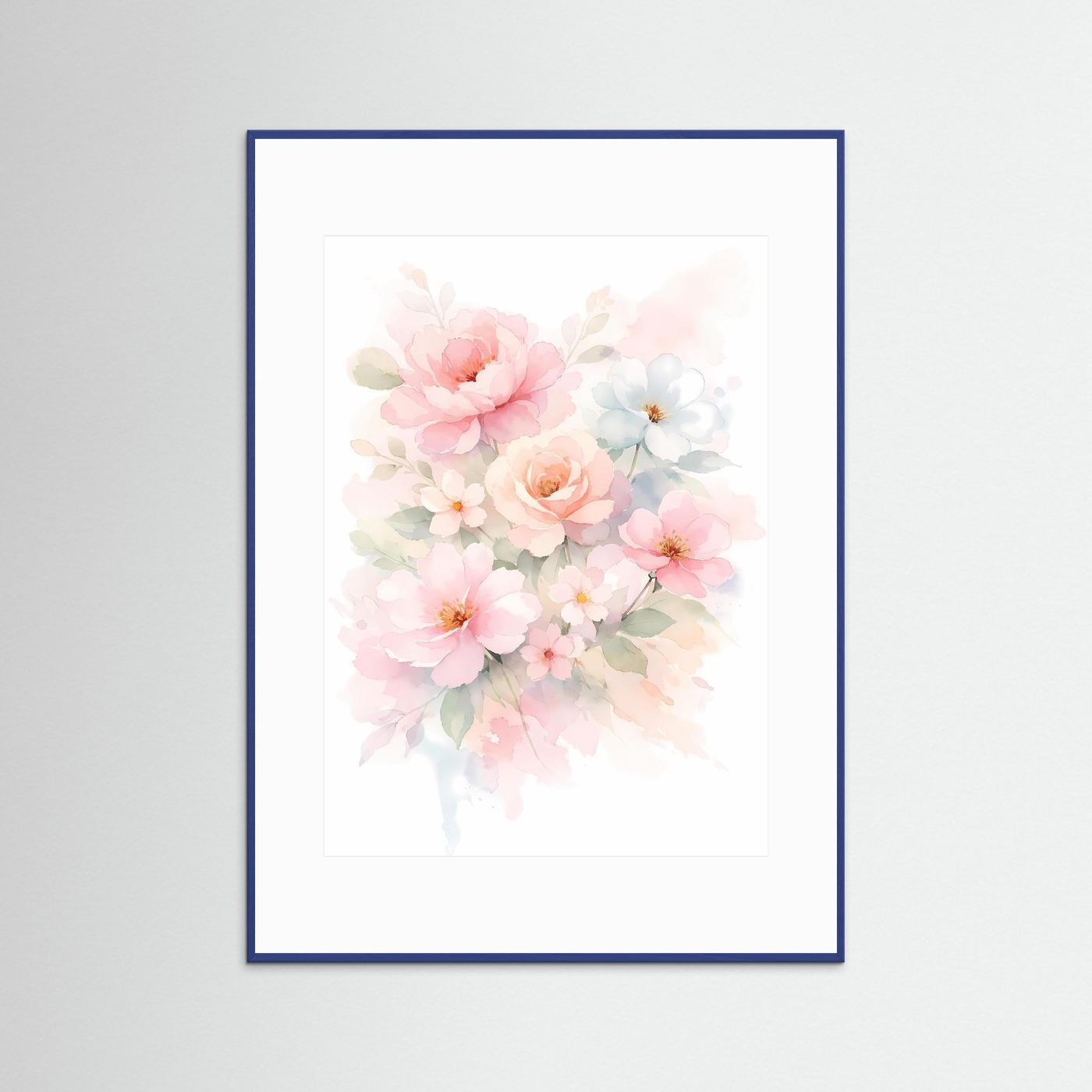 Poster mit Aquarell-Blumenbouquet in Pastellfarben, blauer Rahmen