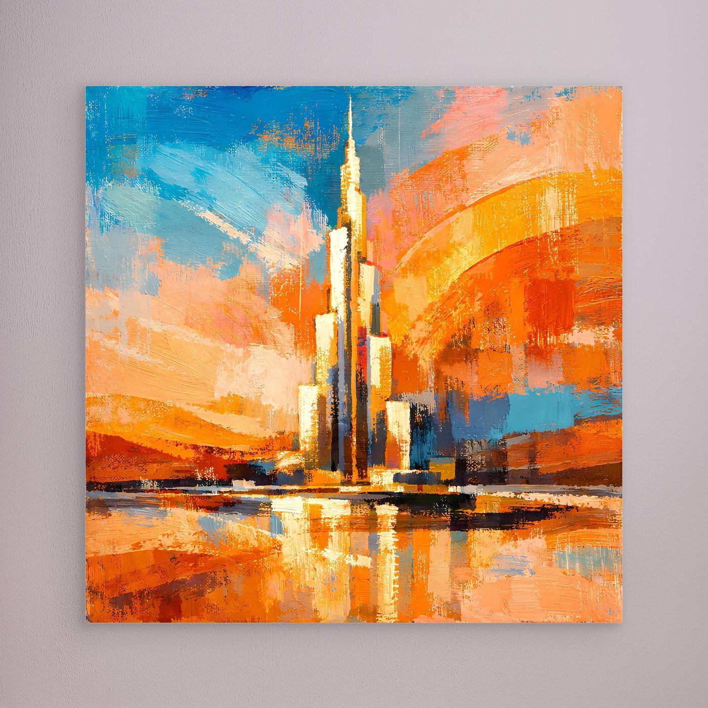 Leinwandbild mit abstraktem Burj-Khalifa-Motiv und Spiegelung, ohne Rahmen