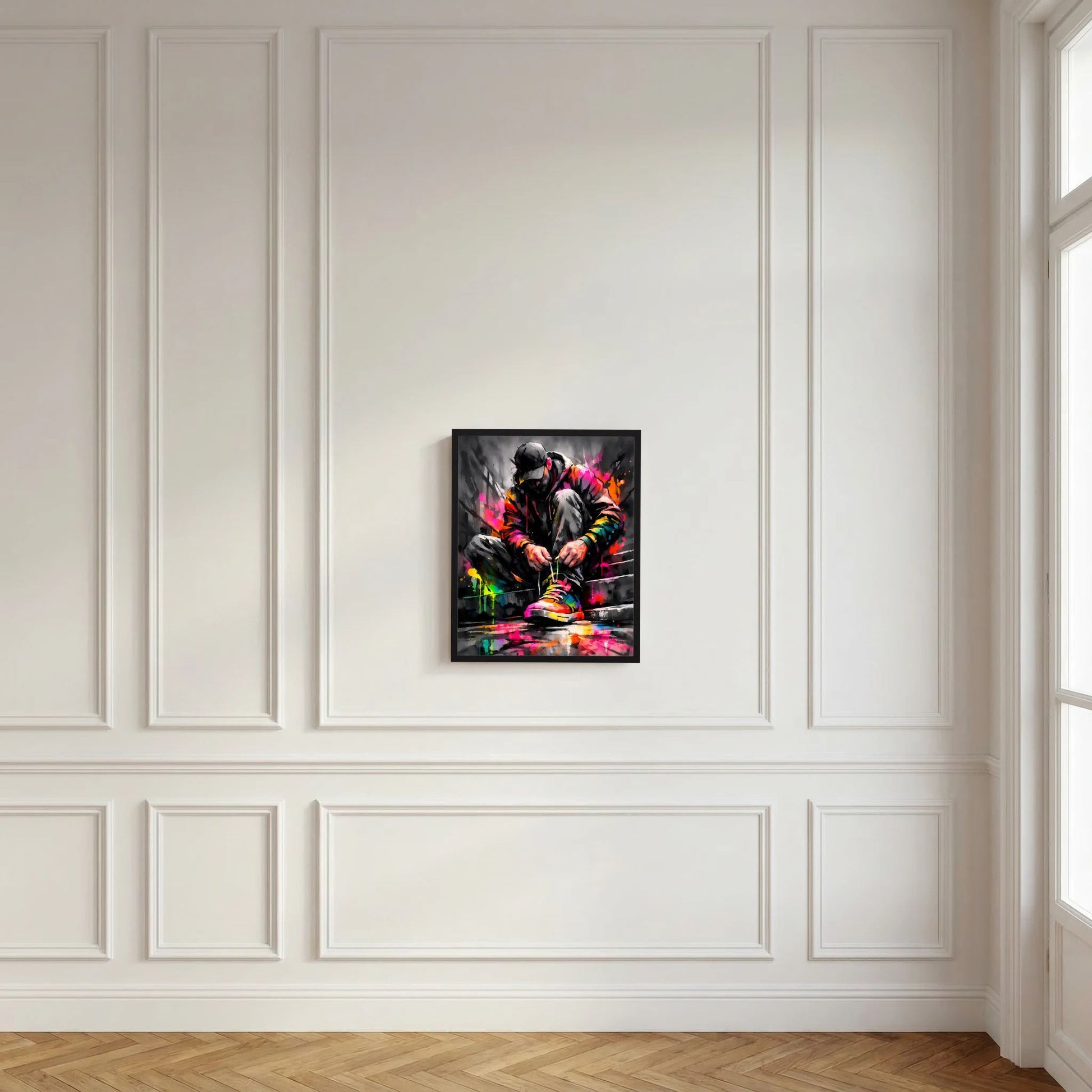 Kleines, gerahmtes Hochkantposter an weißer Wand: Person mit Kopfhörern, Farbspritzer