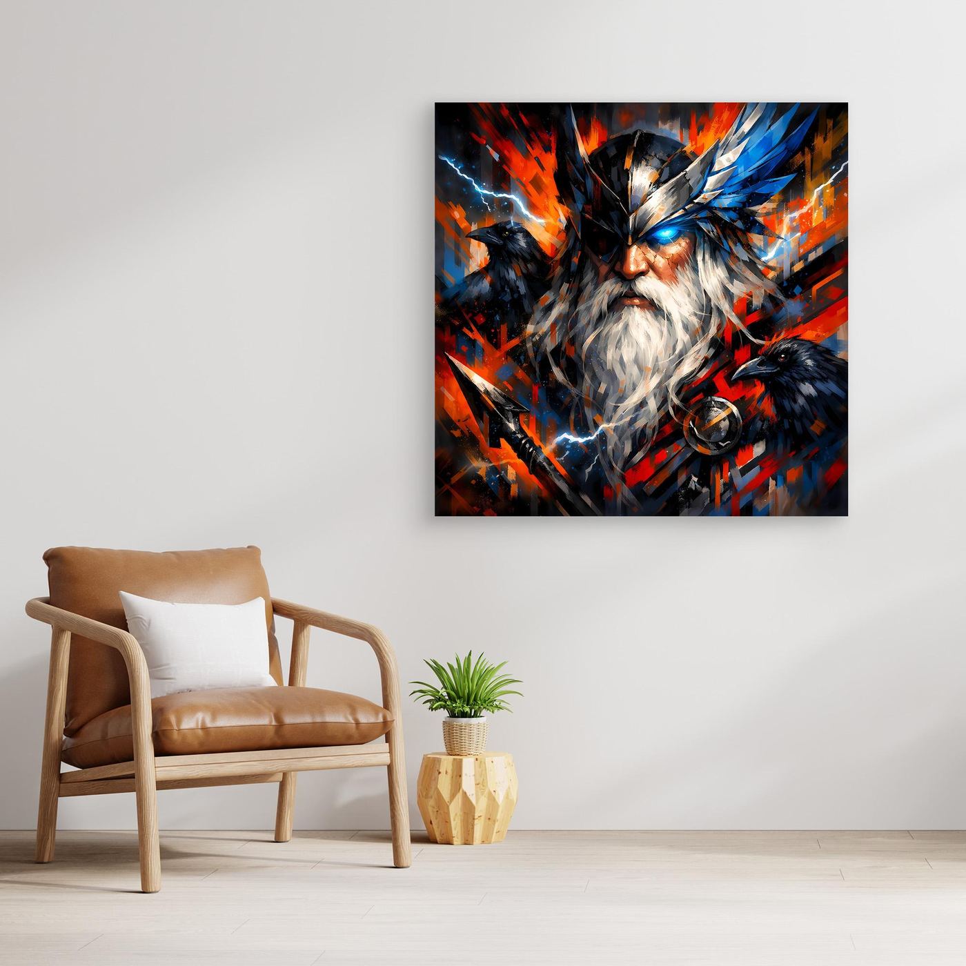 Leinwand Odin der Göttervater mit Raben | Modernes Nordisches Mythologie Wandbild