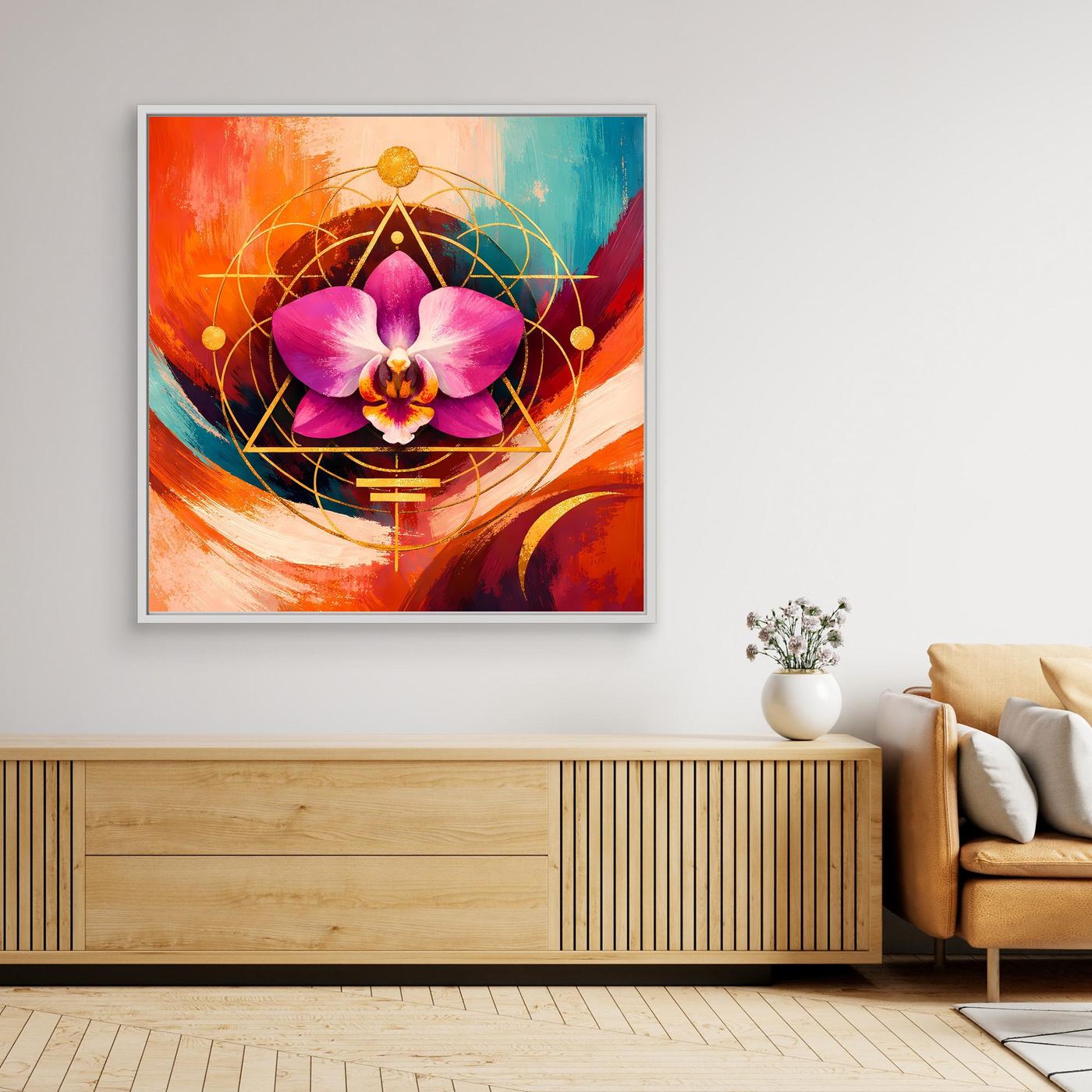Modernes Leinwand-Wandbild mit schwarzem Rahmen, lila Orchidee und goldener Geometrie