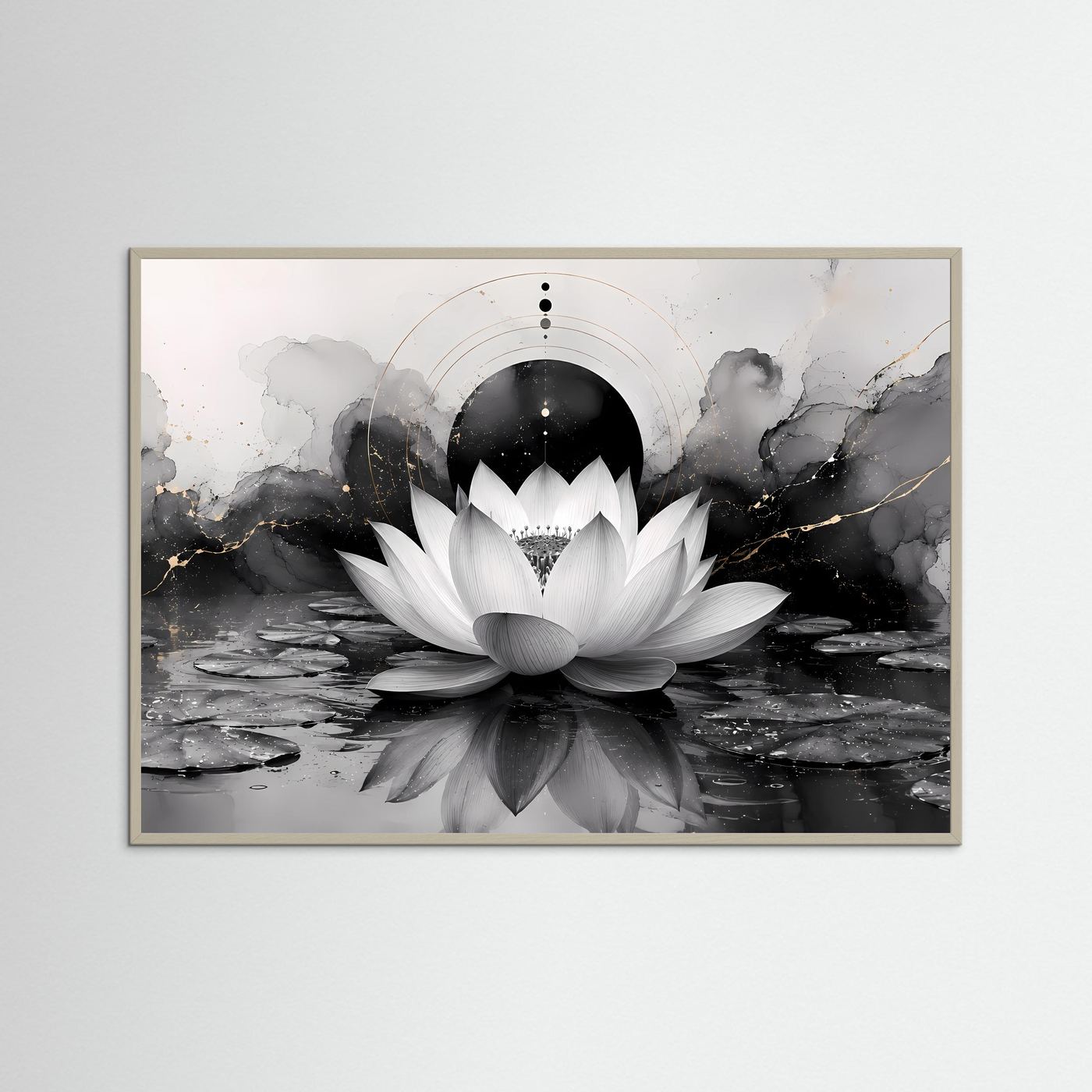 Weiße Lotusblüte in Schwarz & Gold | Elegante Zen Kunst