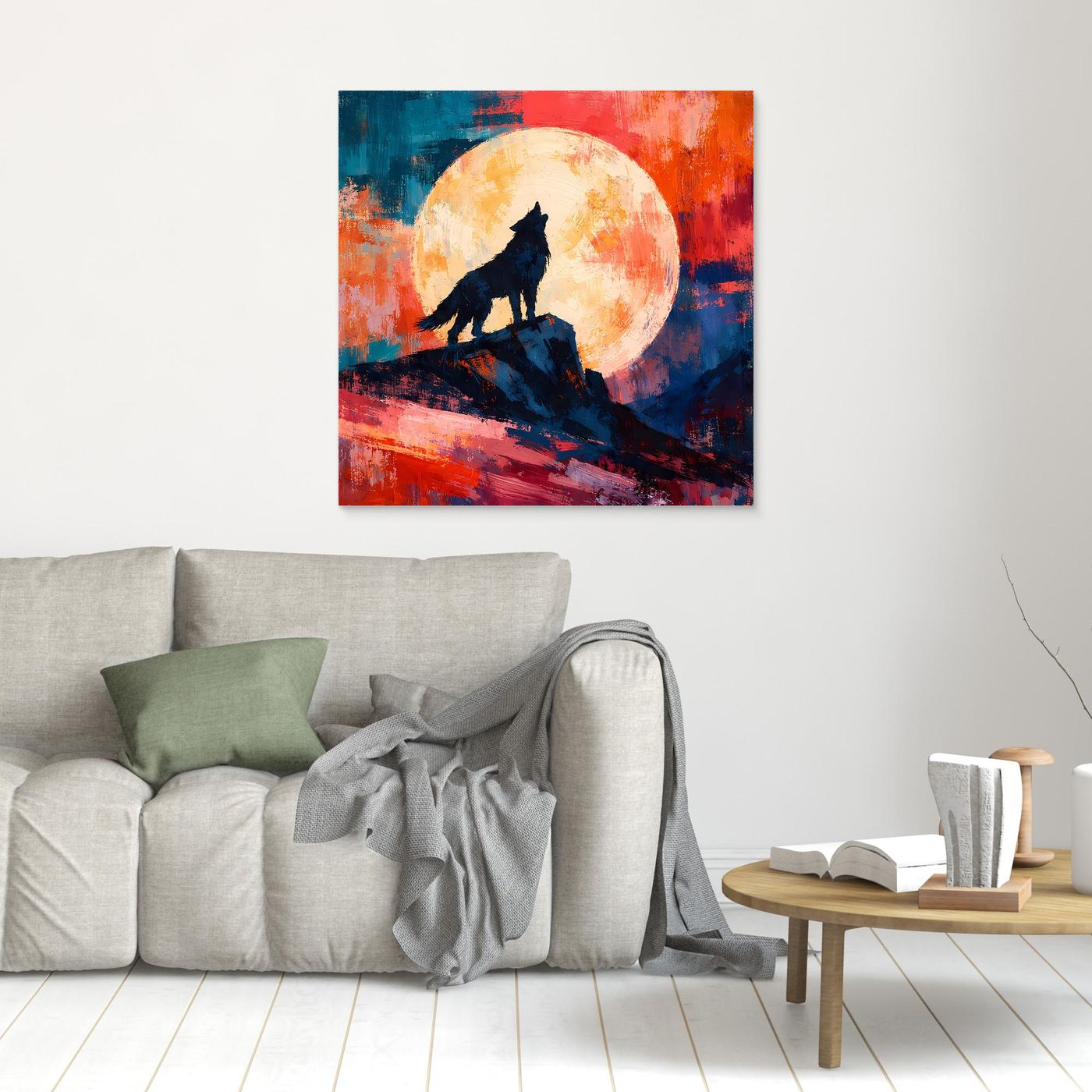 Leinwand Abstraktes Wolf Gemälde | Modernes Mystisches Wandbild Heulender Wolf Vollmond