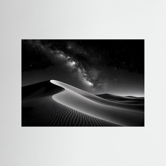 Wandbild mit schwarz-weißem Wüstenbild, Dünen und Milchstraße am Sternenhimmel, schwarzer Rahmen