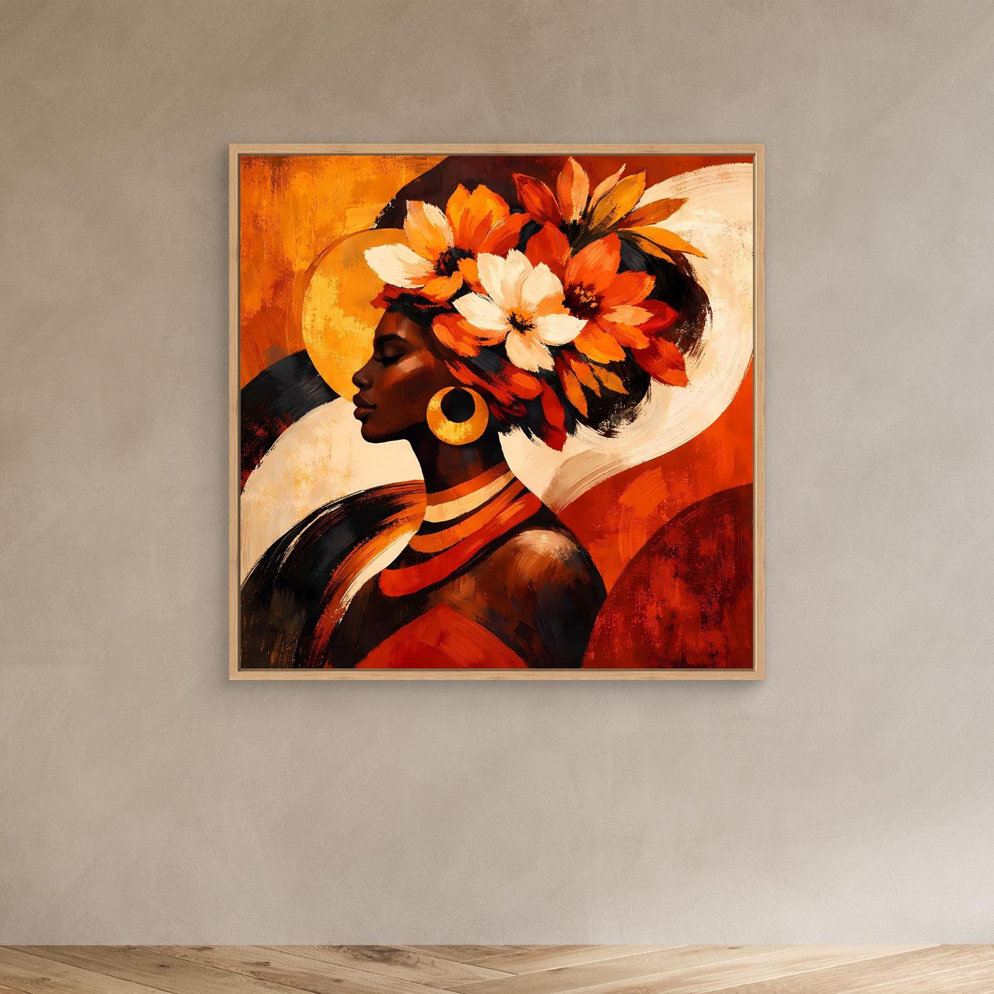 Leinwandbild mit Porträt einer Frau im Profil, orange-weißer Blumenkranz, mit Eichenrahmen