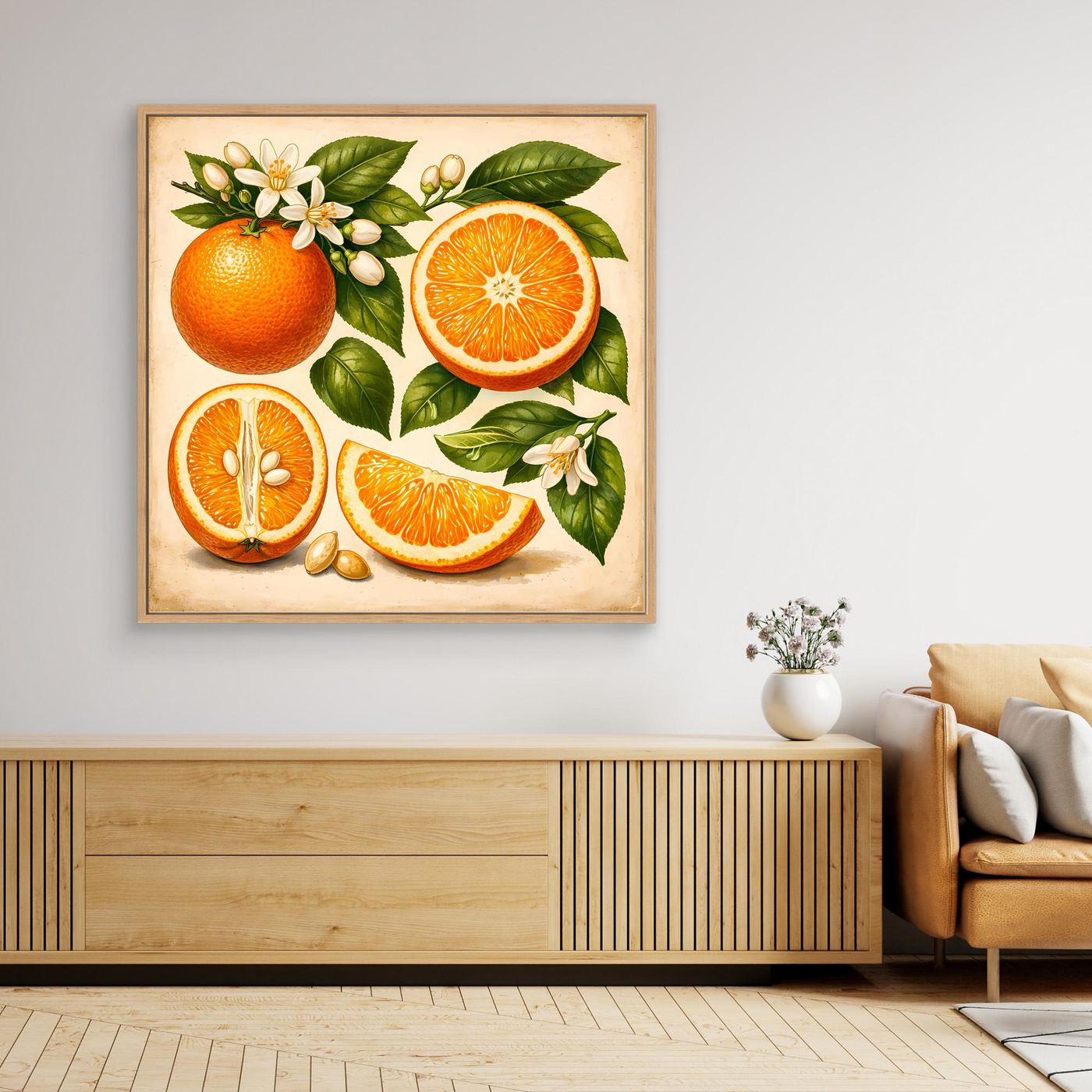 Leinwandbild mit Zitrusfrüchten: Orangenhälften, Blätter und Blüten, Holzrahmen